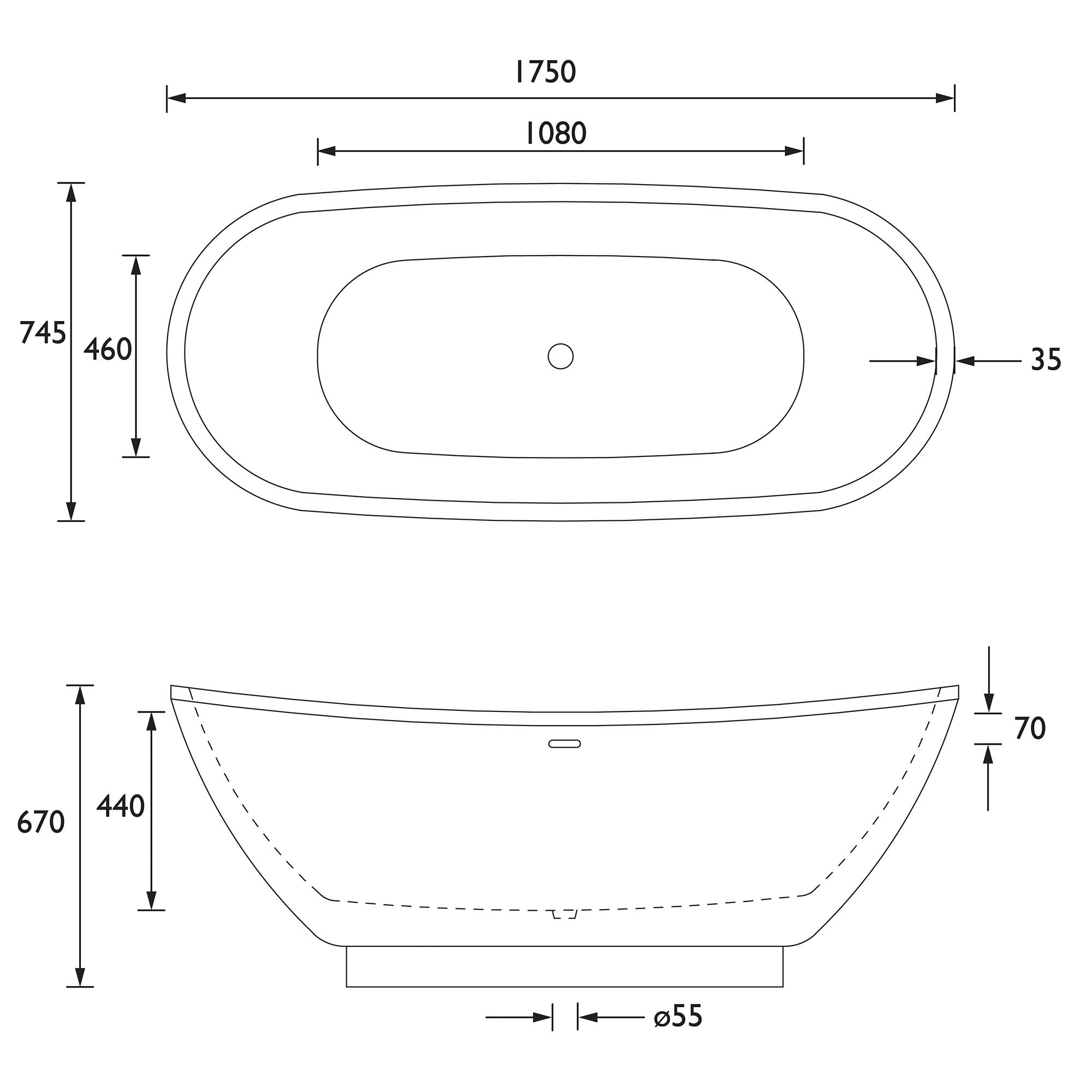 Heritage Oxted Gloss White Acrylic Curved Left or right-handed Double ended Bath (L)1750mm (W)745mm