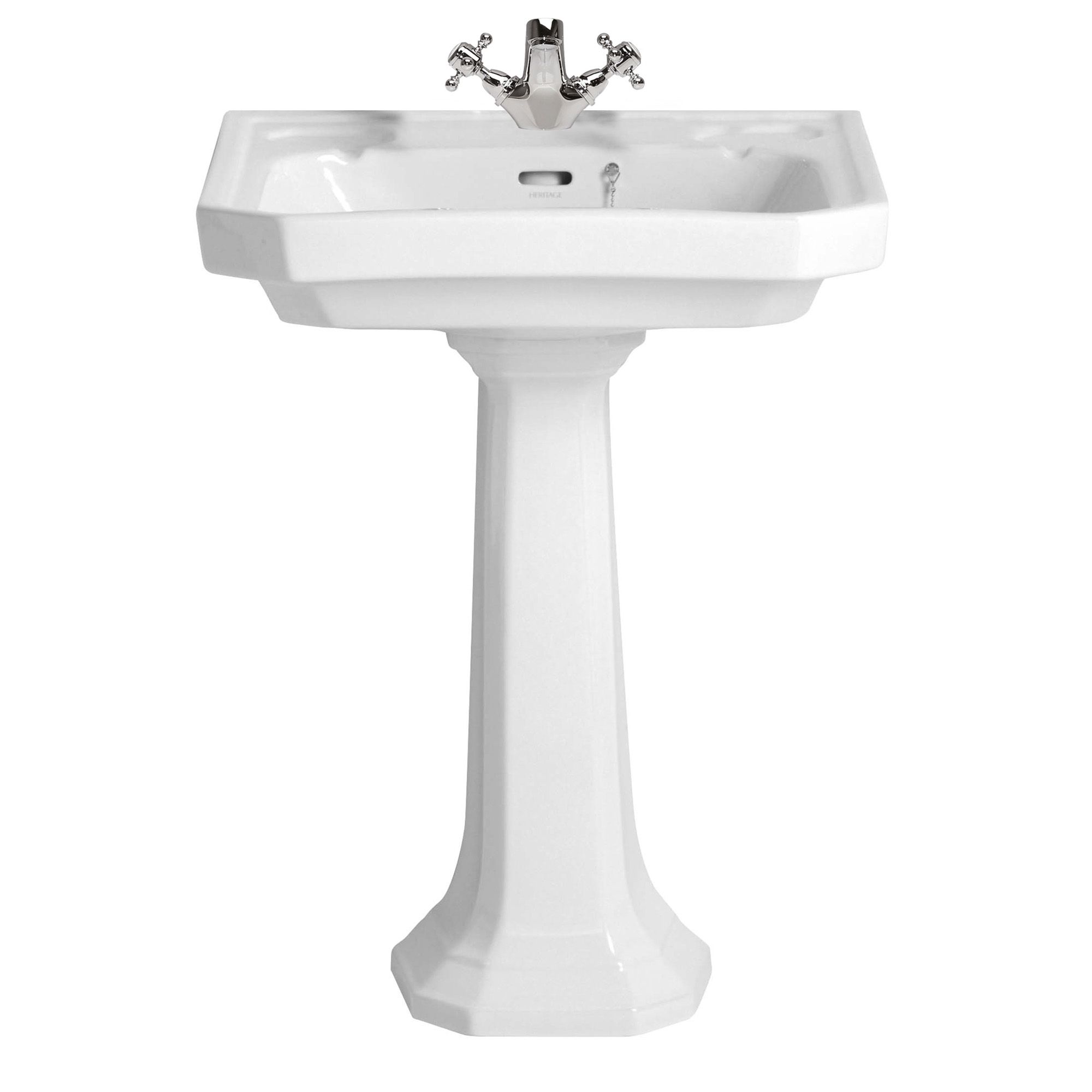 Heritage Upperton Gloss White D-shaped Wall-mounted Full pedestal 1 tap hole Basin (H)84.5cm (W)60.5cm