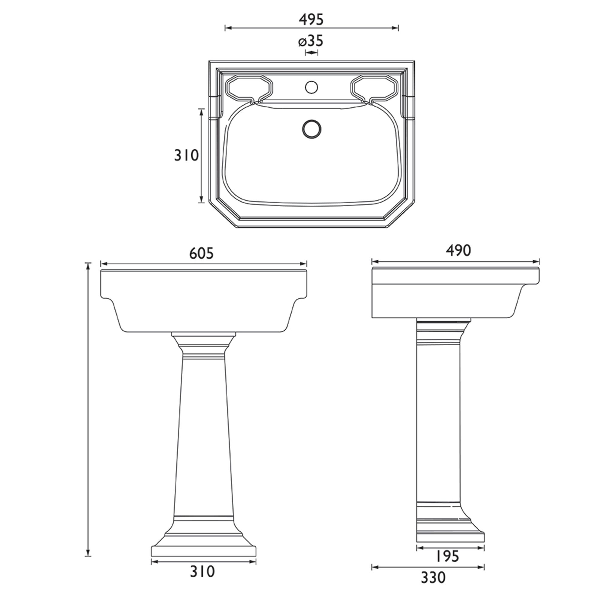 Heritage Upperton Gloss White D-shaped Wall-mounted Full pedestal 1 tap hole Basin (H)84.5cm (W)60.5cm