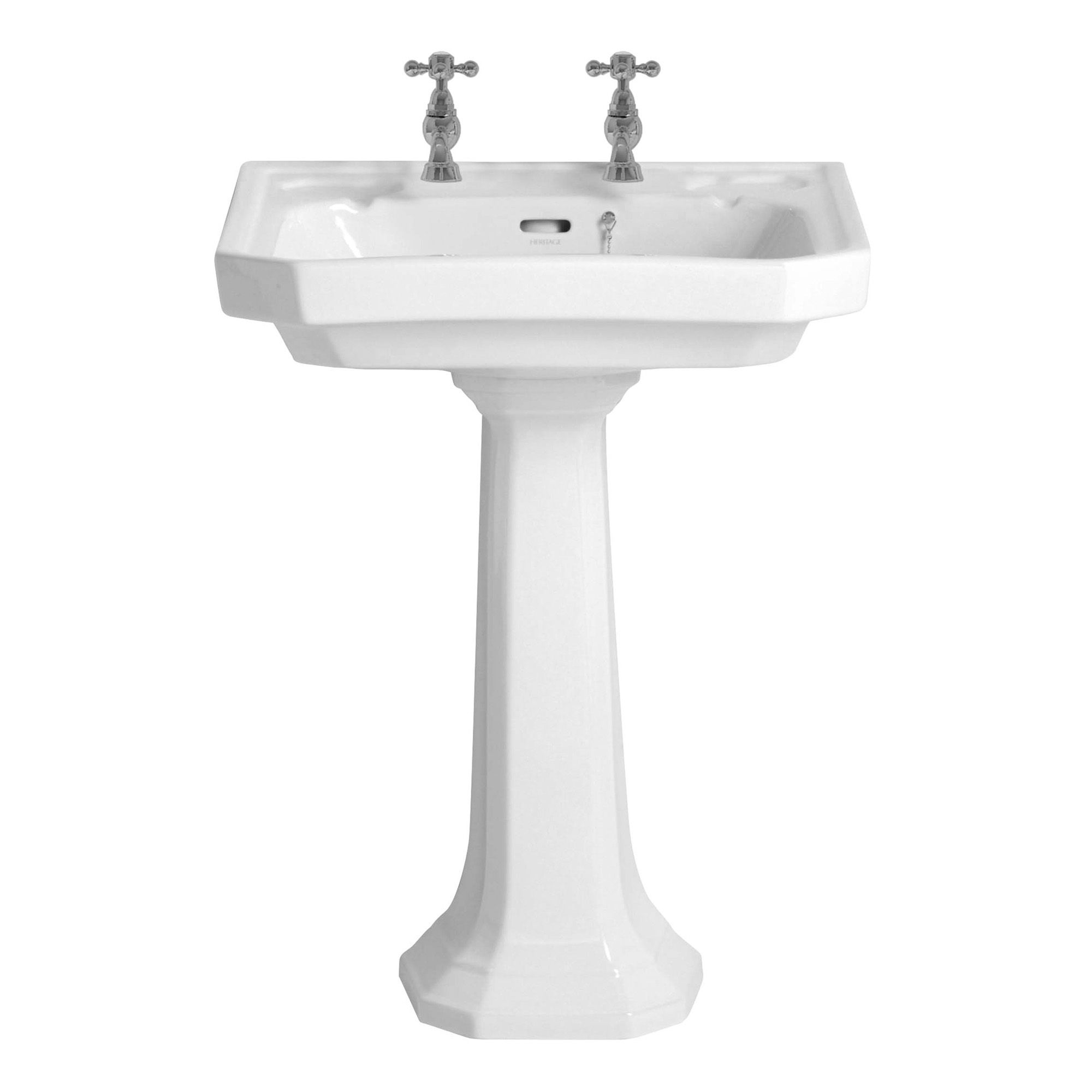 Heritage Upperton Gloss White D-shaped Wall-mounted Full pedestal Basin with 2 tap holes (W)49cm