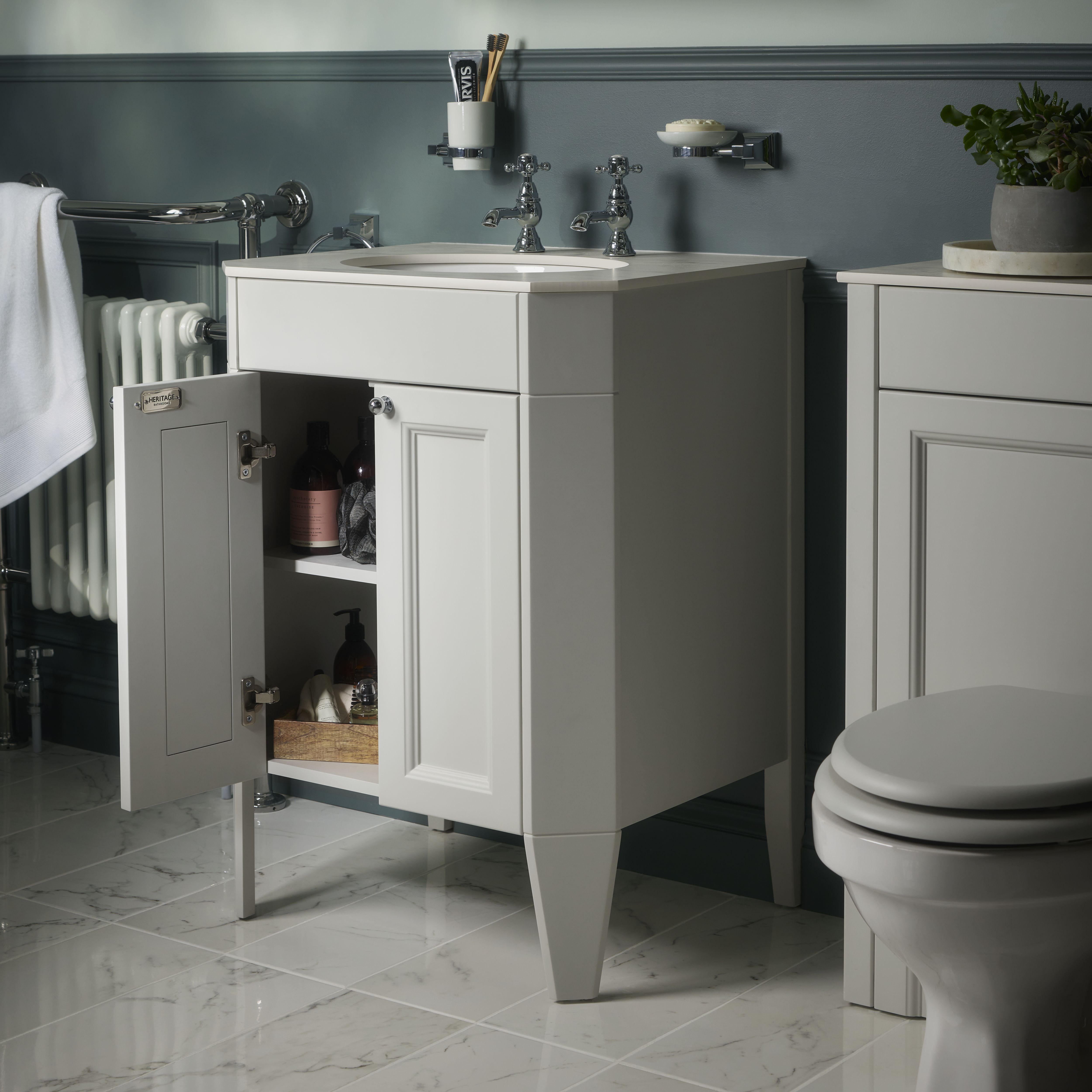 Heritage Winterbourne Matt Mist grey Freestanding Vanity unit & basin set (W)634mm (H)866mm