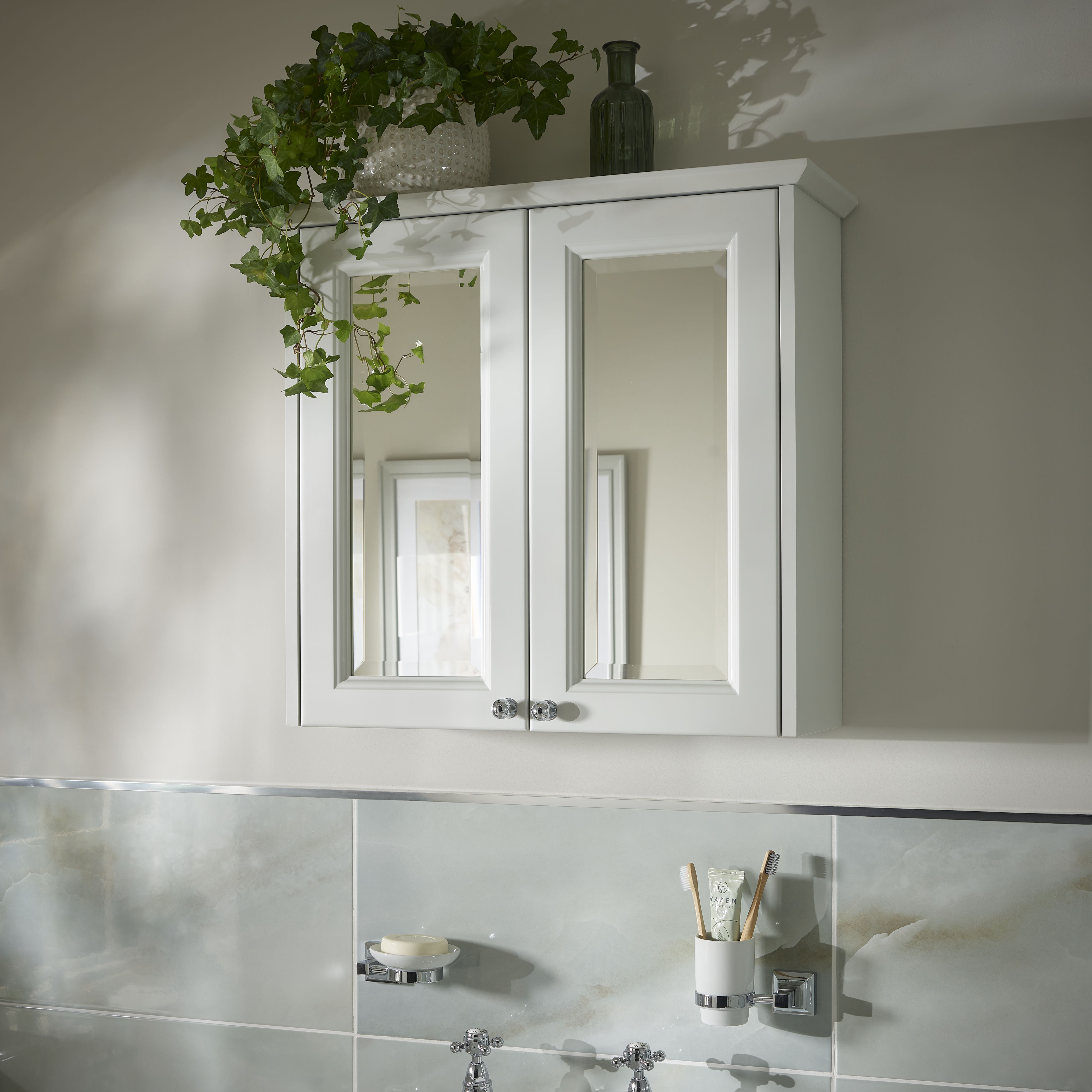 Heritage Winterbourne Satin Mist Grey Double Bathroom Wall cabinet With 2 mirror doors (H)595mm (W)640mm