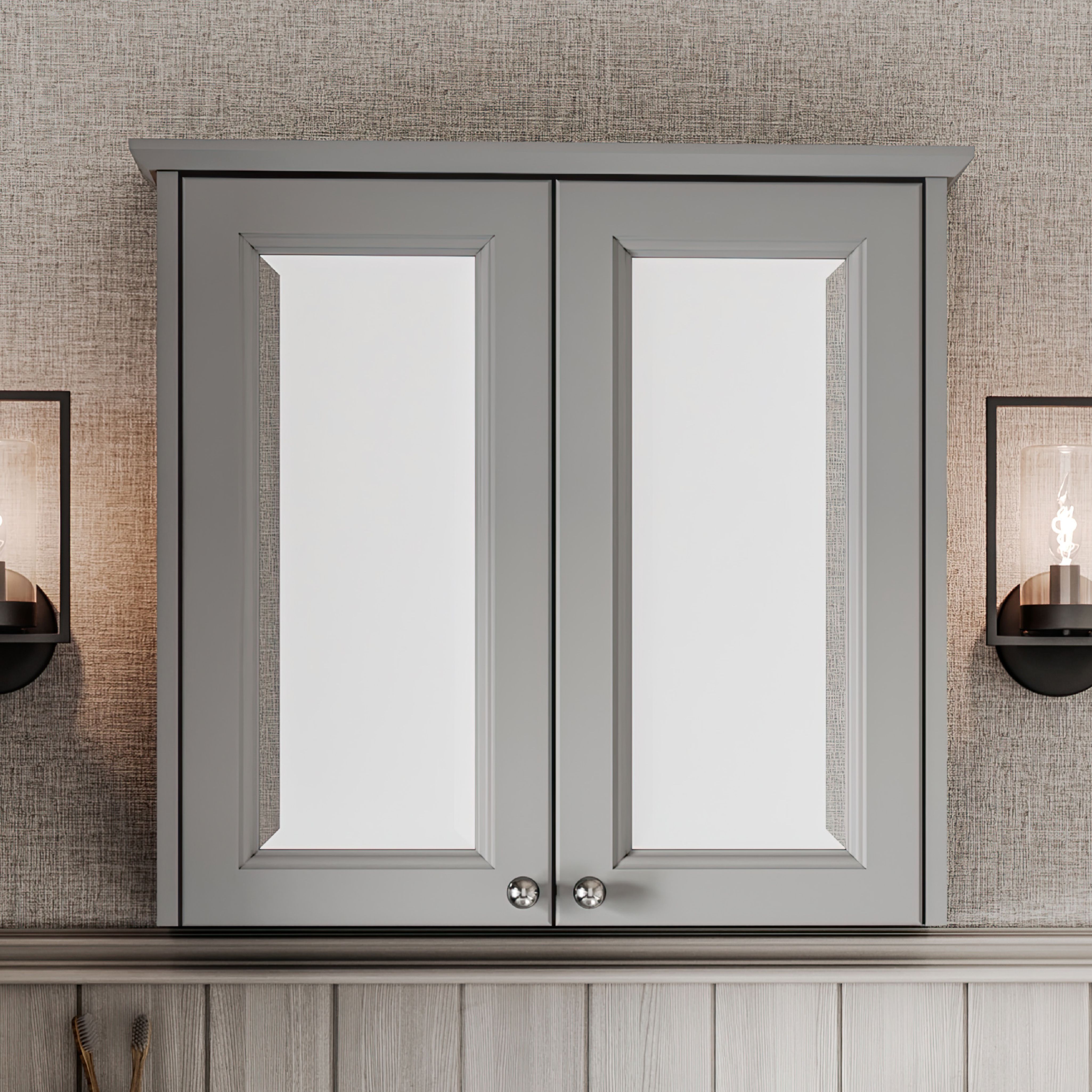Heritage Winterbourne Satin Mist Grey Double Bathroom Wall cabinet With 2 mirror doors (H)595mm (W)640mm