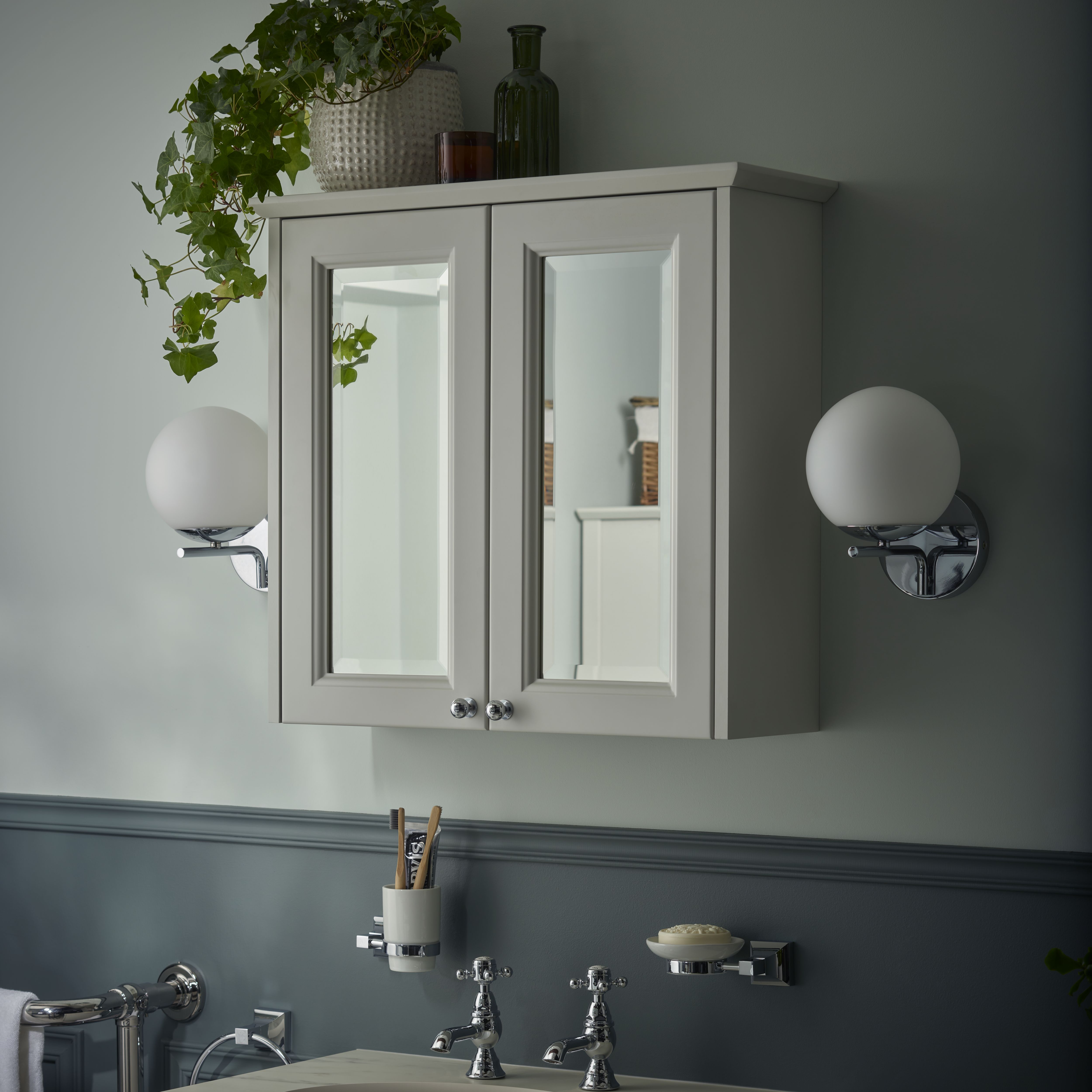 Heritage Winterbourne Satin Mist Grey Double Bathroom Wall cabinet With 2 mirror doors (H)595mm (W)640mm