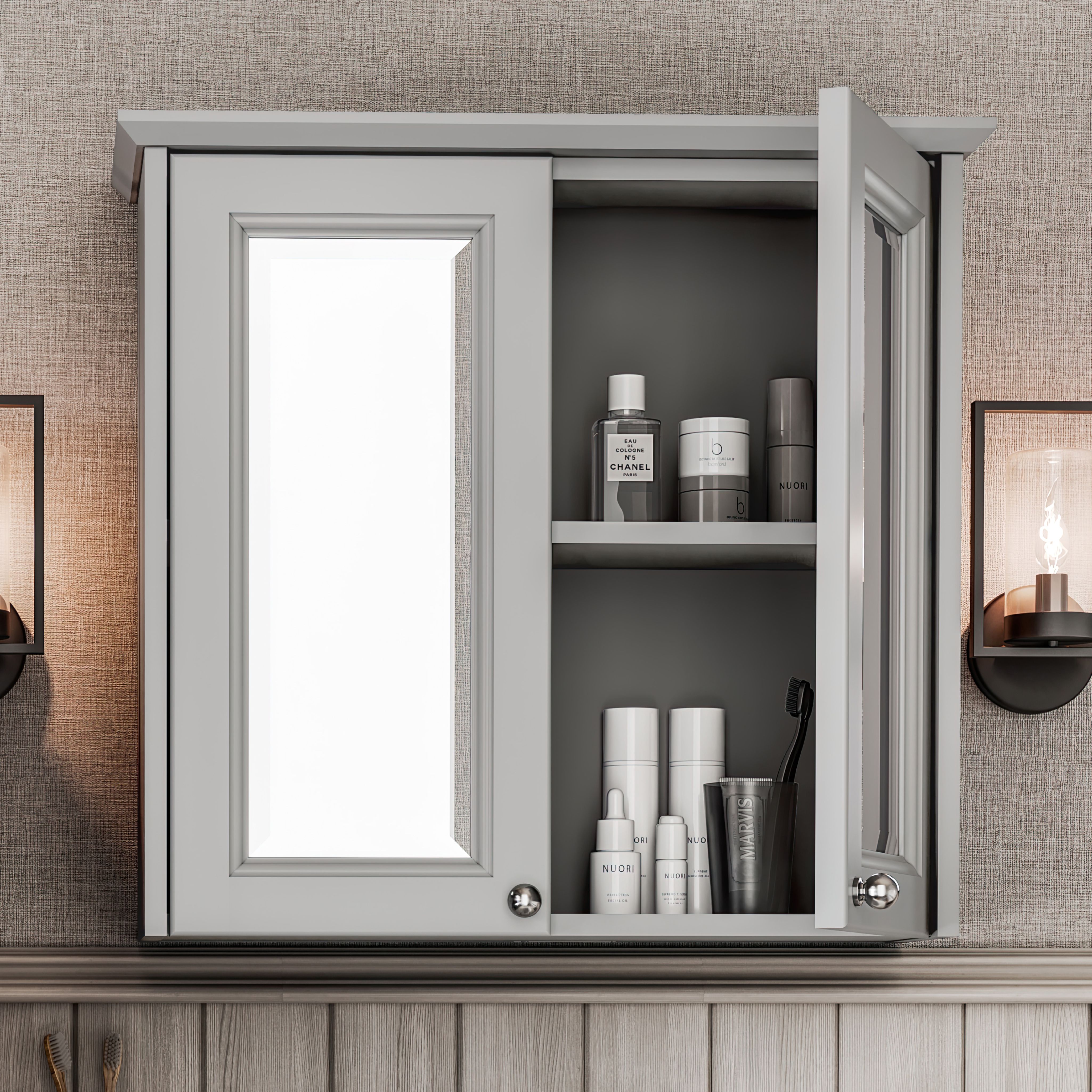 Heritage Winterbourne Satin Mist Grey Double Bathroom Wall cabinet With 2 mirror doors (H)595mm (W)640mm