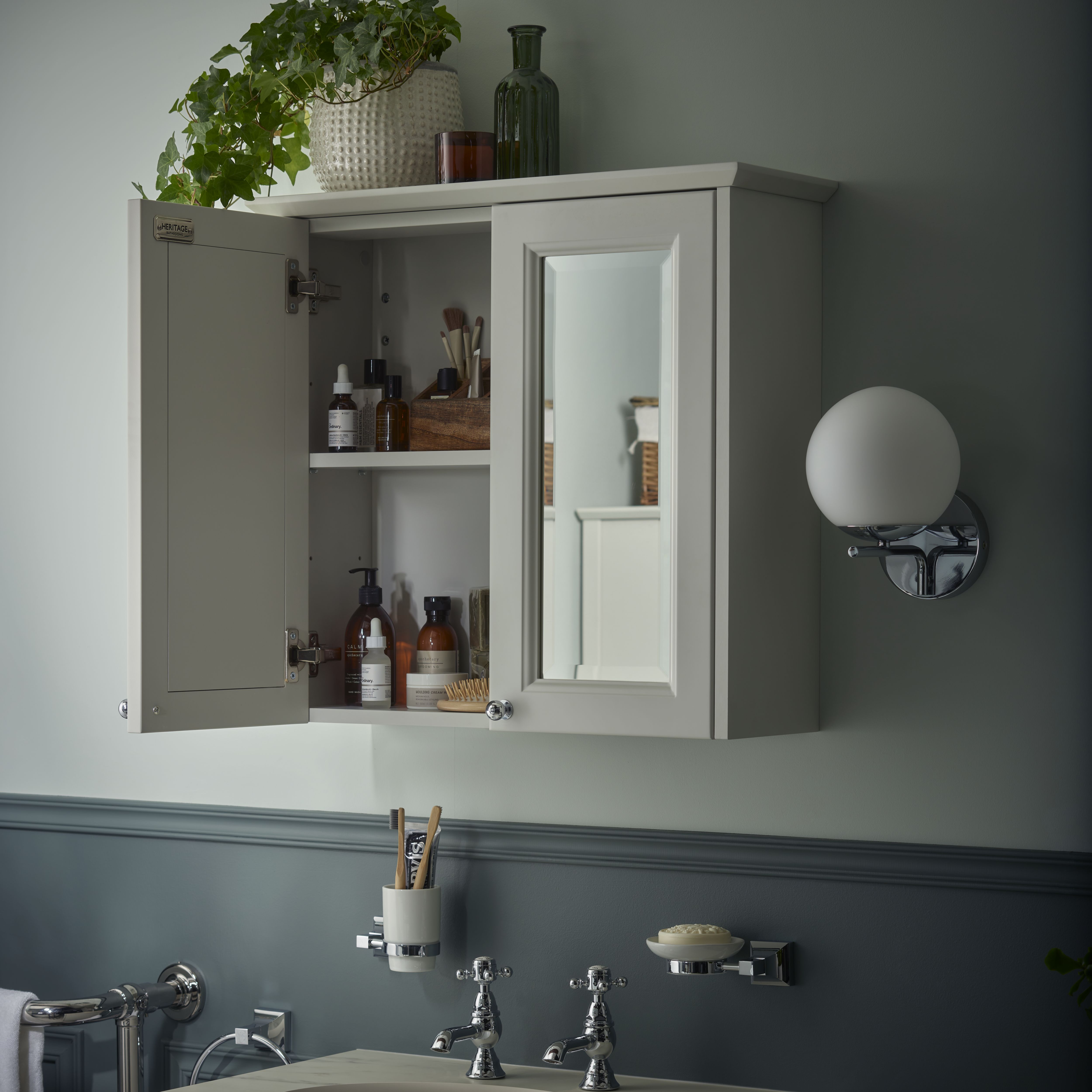 Heritage Winterbourne Satin Mist Grey Double Bathroom Wall cabinet With 2 mirror doors (H)595mm (W)640mm