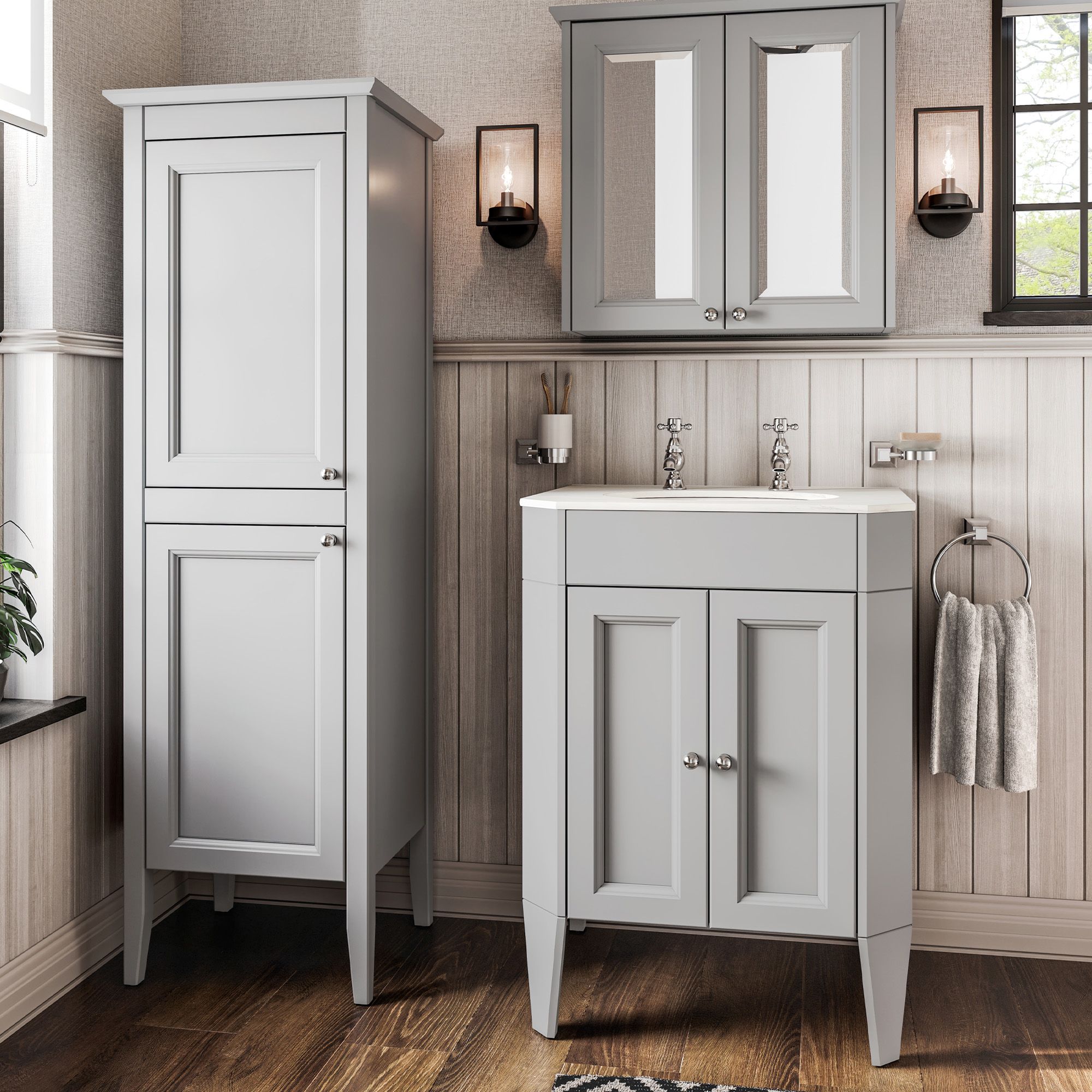Heritage Winterbourne Satin Mist Grey Double Bathroom Wall cabinet With 2 mirror doors (H)595mm (W)640mm
