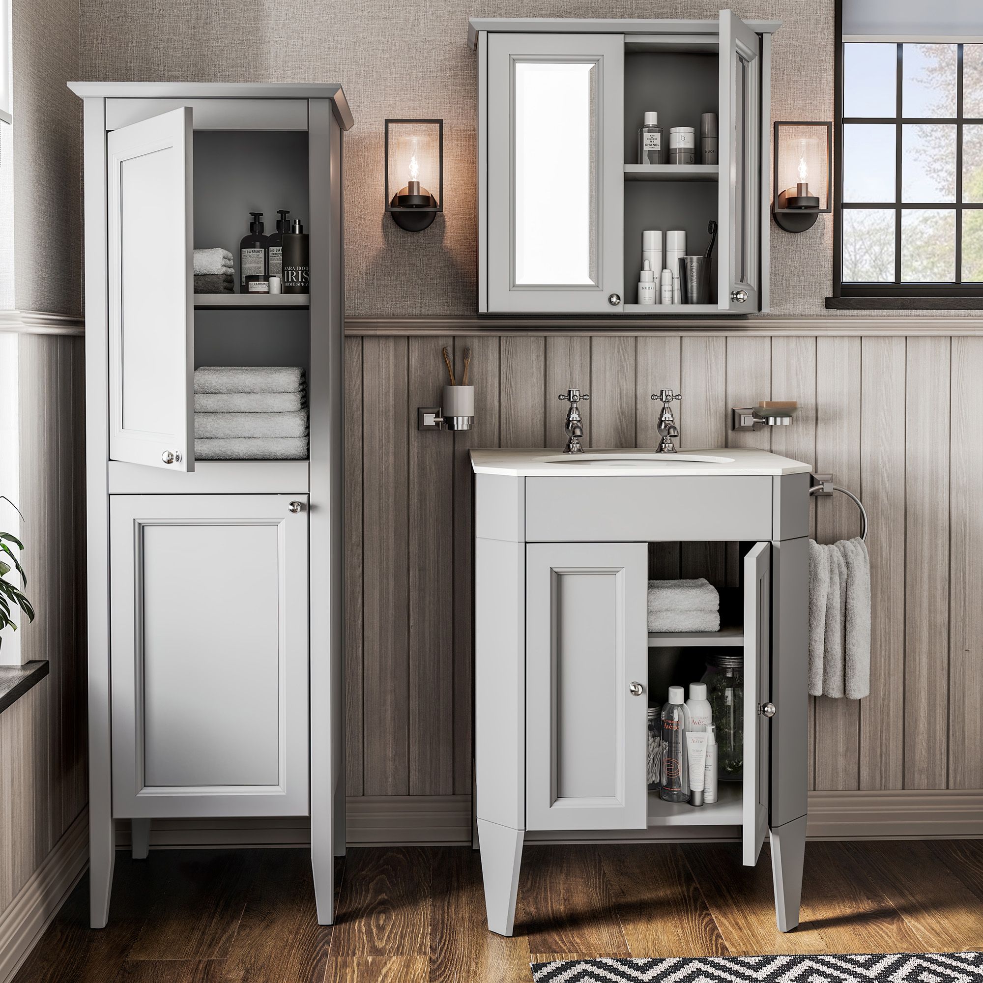 Heritage Winterbourne Satin Mist Grey Double Bathroom Wall cabinet With 2 mirror doors (H)595mm (W)640mm