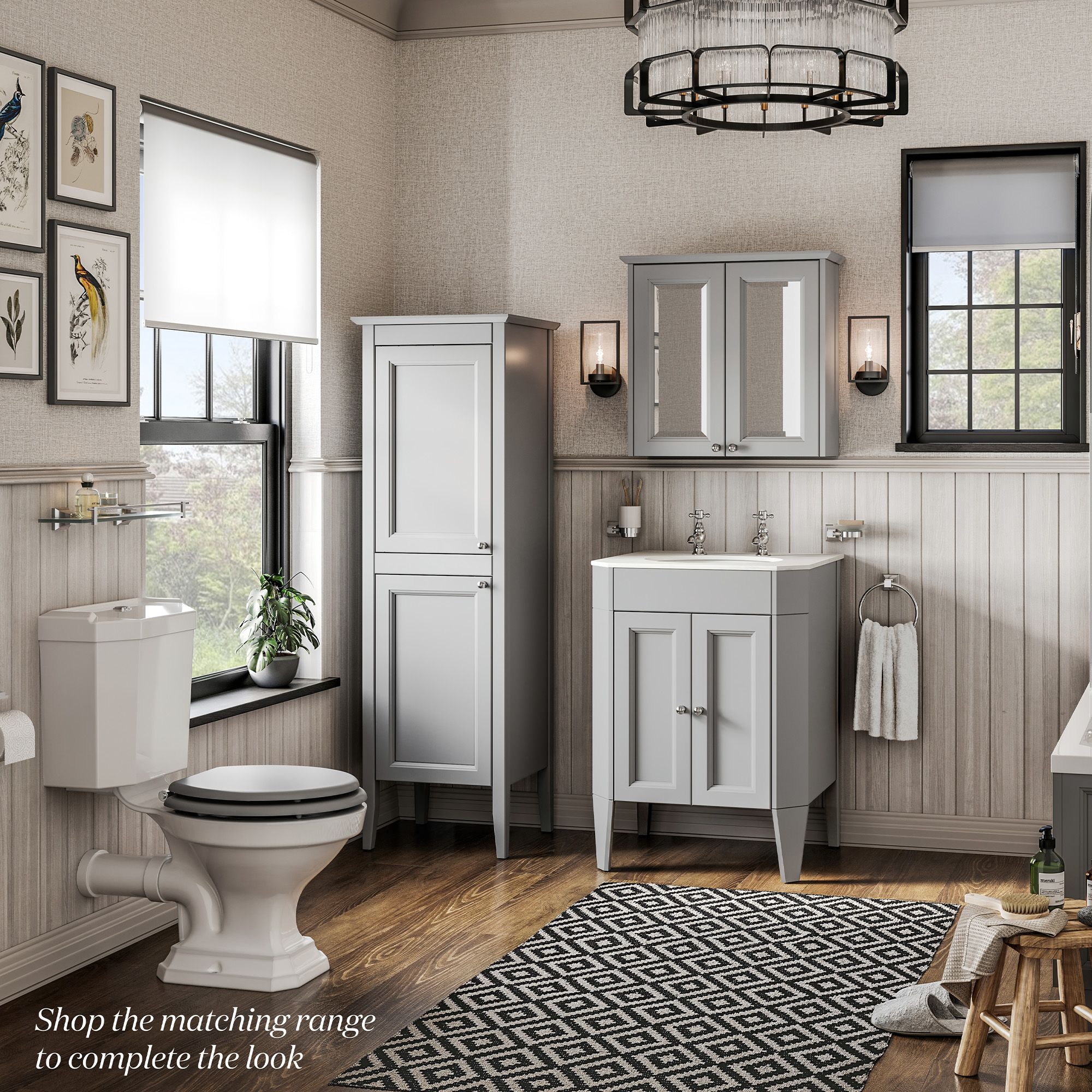 Heritage Winterbourne Satin Mist Grey Double Bathroom Wall cabinet With 2 mirror doors (H)595mm (W)640mm