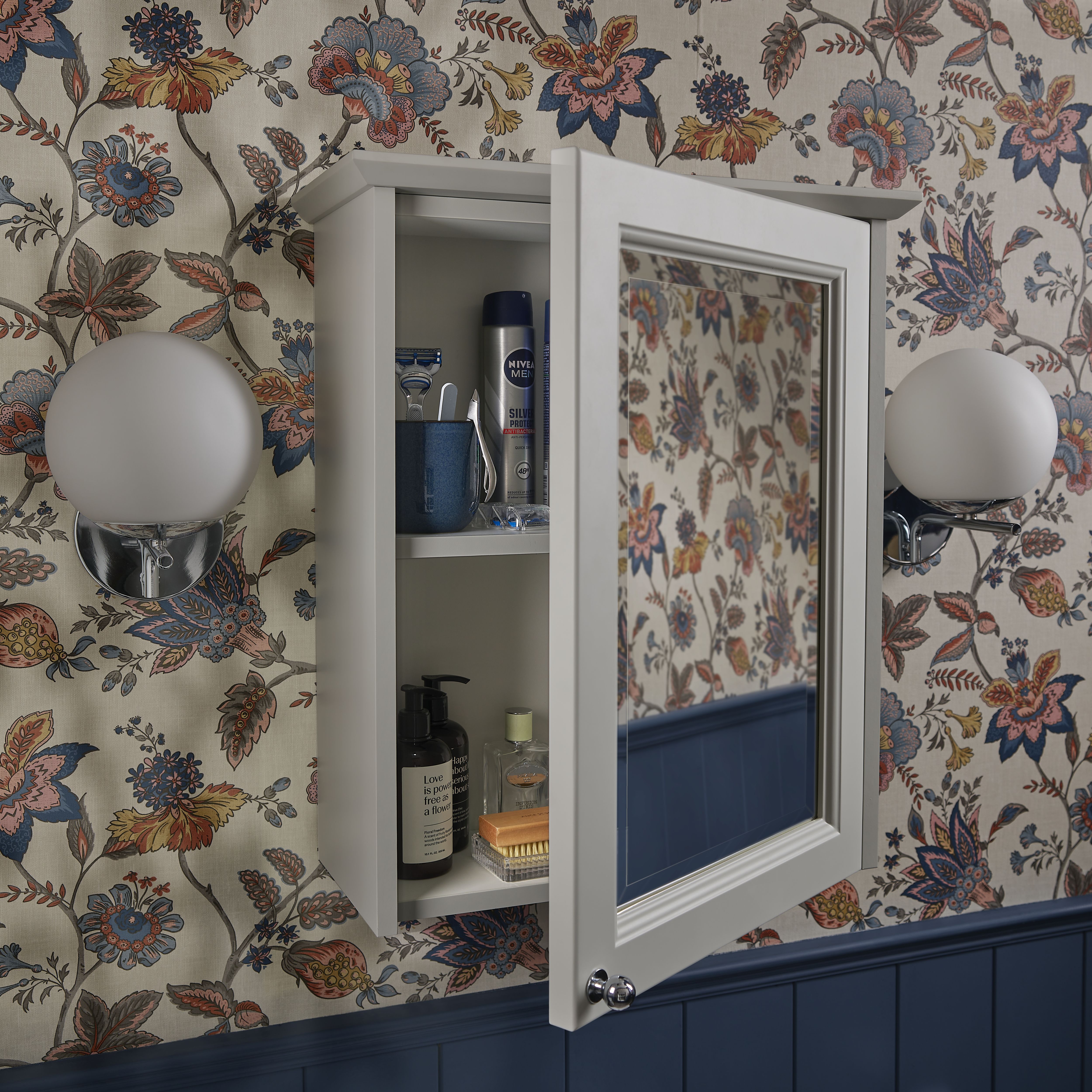 Heritage Winterbourne Satin Mist Grey Single Bathroom Wall cabinet With Mirrored door (H)595mm (W)490mm