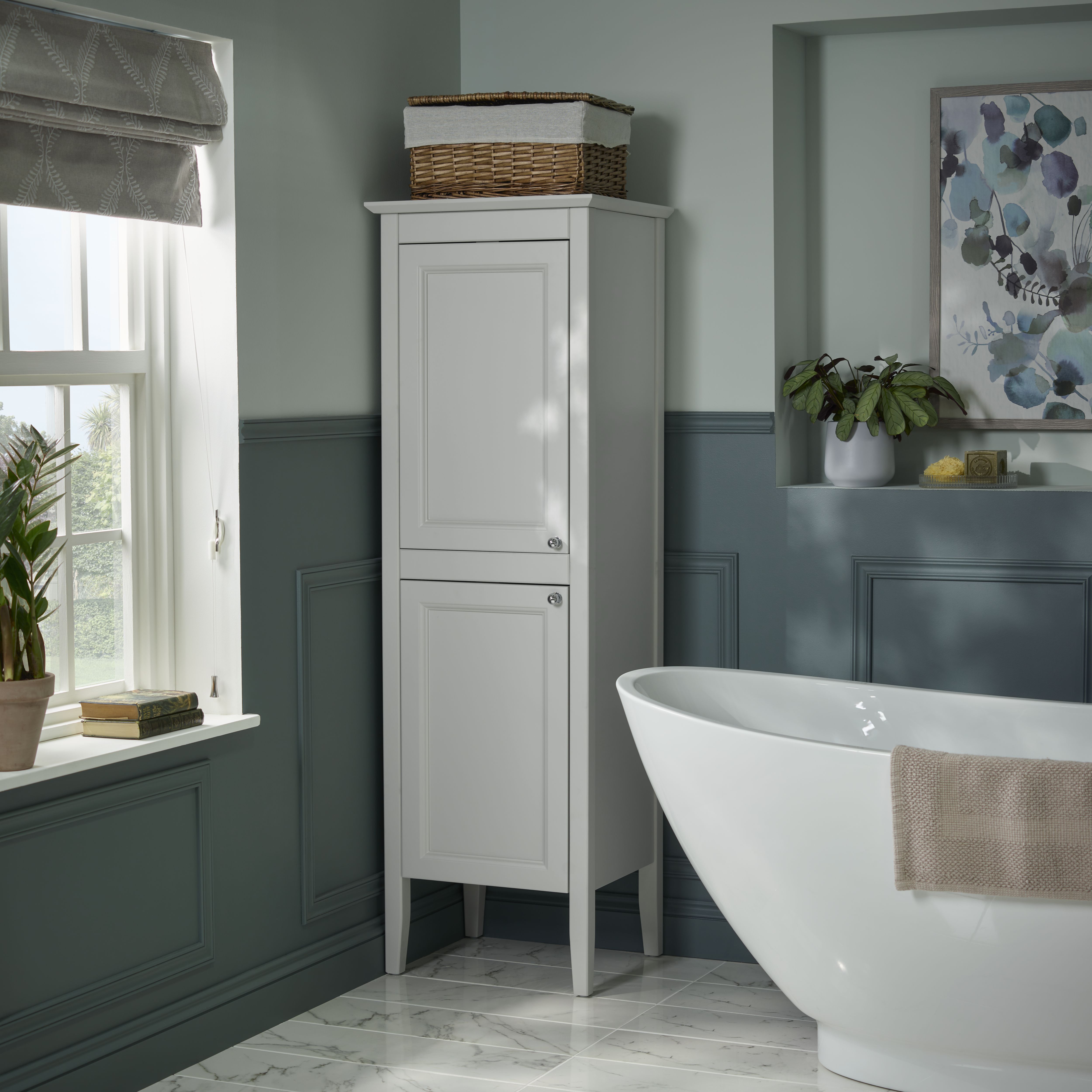 Heritage Winterbourne Tall Satin Mist Grey Double Freestanding Bathroom Cabinet (H)156.5cm (W)45.2cm