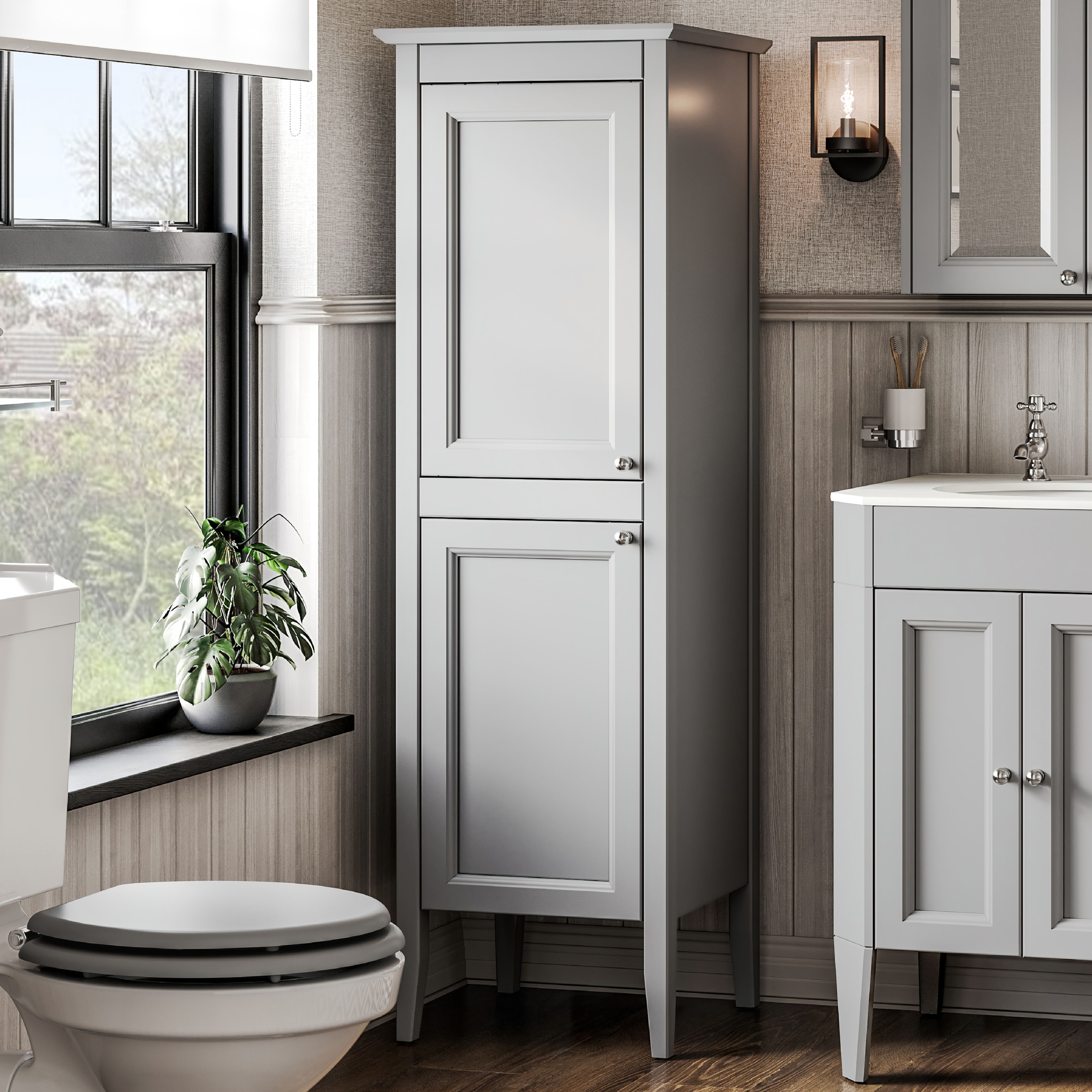 Heritage Winterbourne Tall Satin Mist Grey Double Freestanding Bathroom Cabinet (H)156.5cm (W)45.2cm