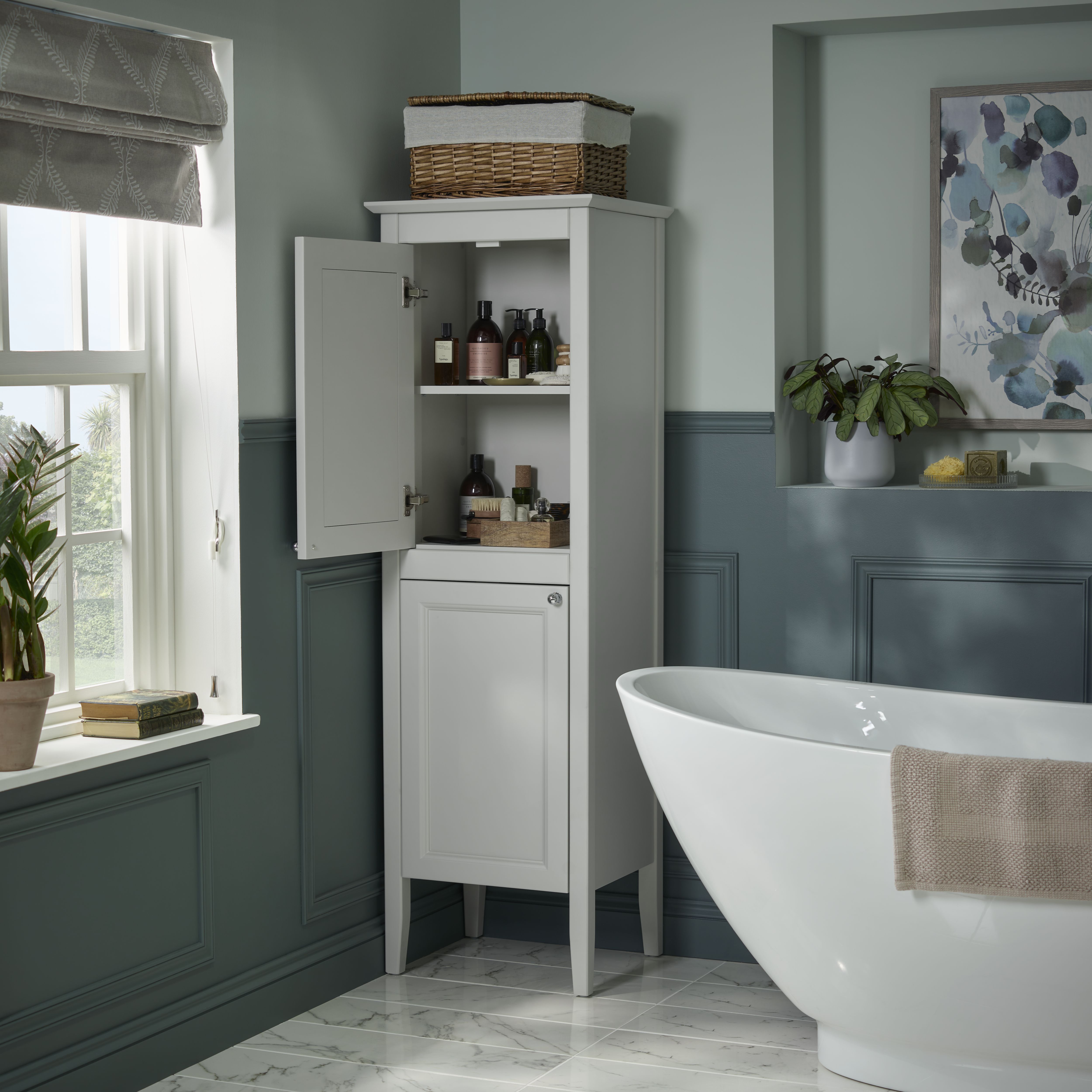 Heritage Winterbourne Tall Satin Mist Grey Double Freestanding Bathroom Cabinet (H)156.5cm (W)45.2cm