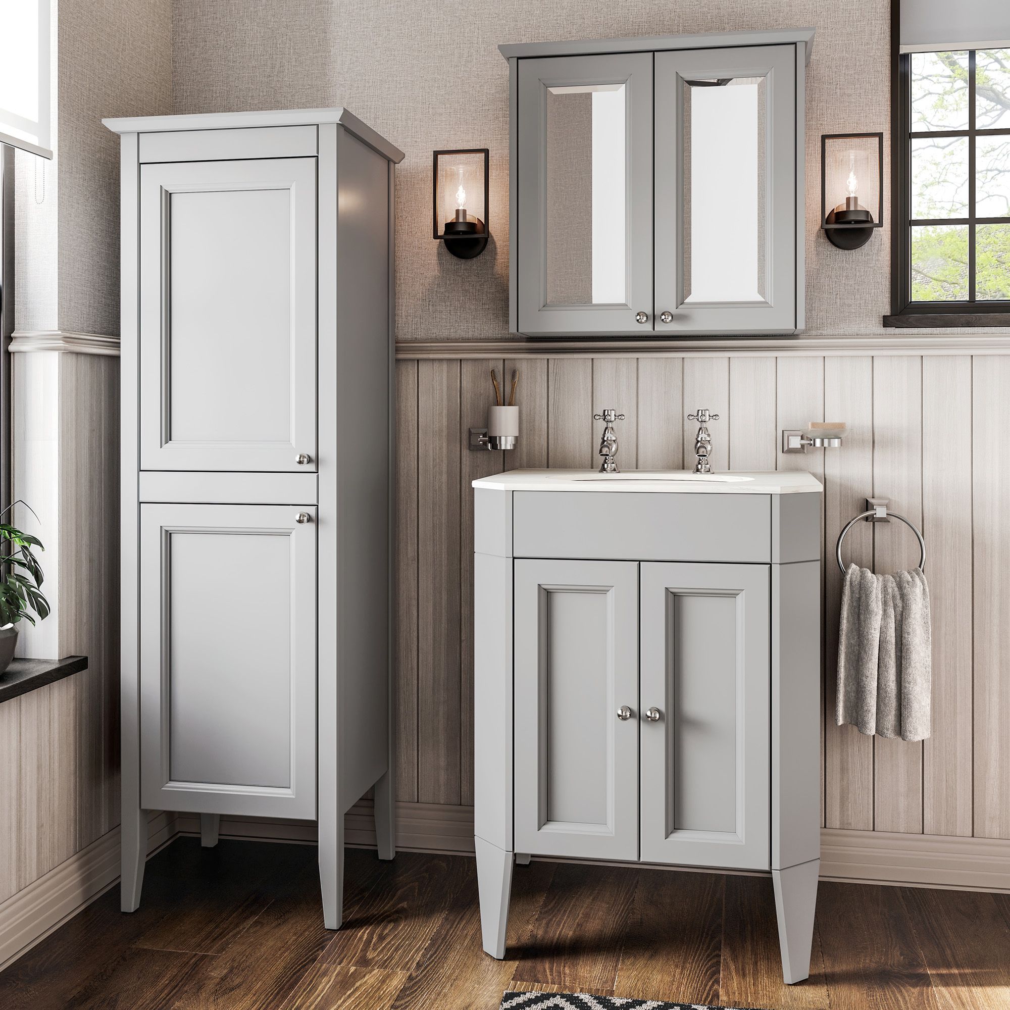 Heritage Winterbourne Tall Satin Mist Grey Double Freestanding Bathroom Cabinet (H)156.5cm (W)45.2cm