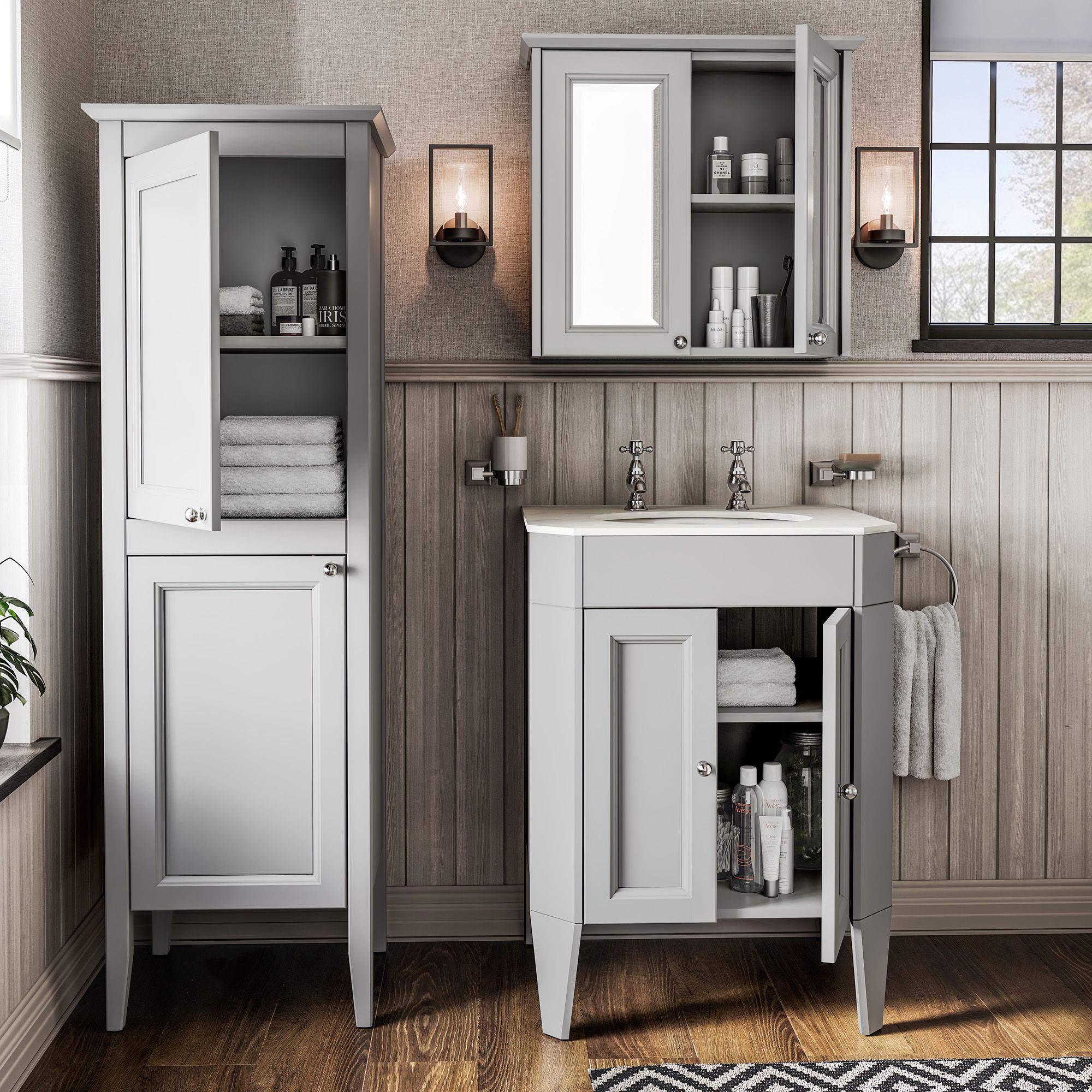 Heritage Winterbourne Tall Satin Mist Grey Double Freestanding Bathroom Cabinet (H)156.5cm (W)45.2cm