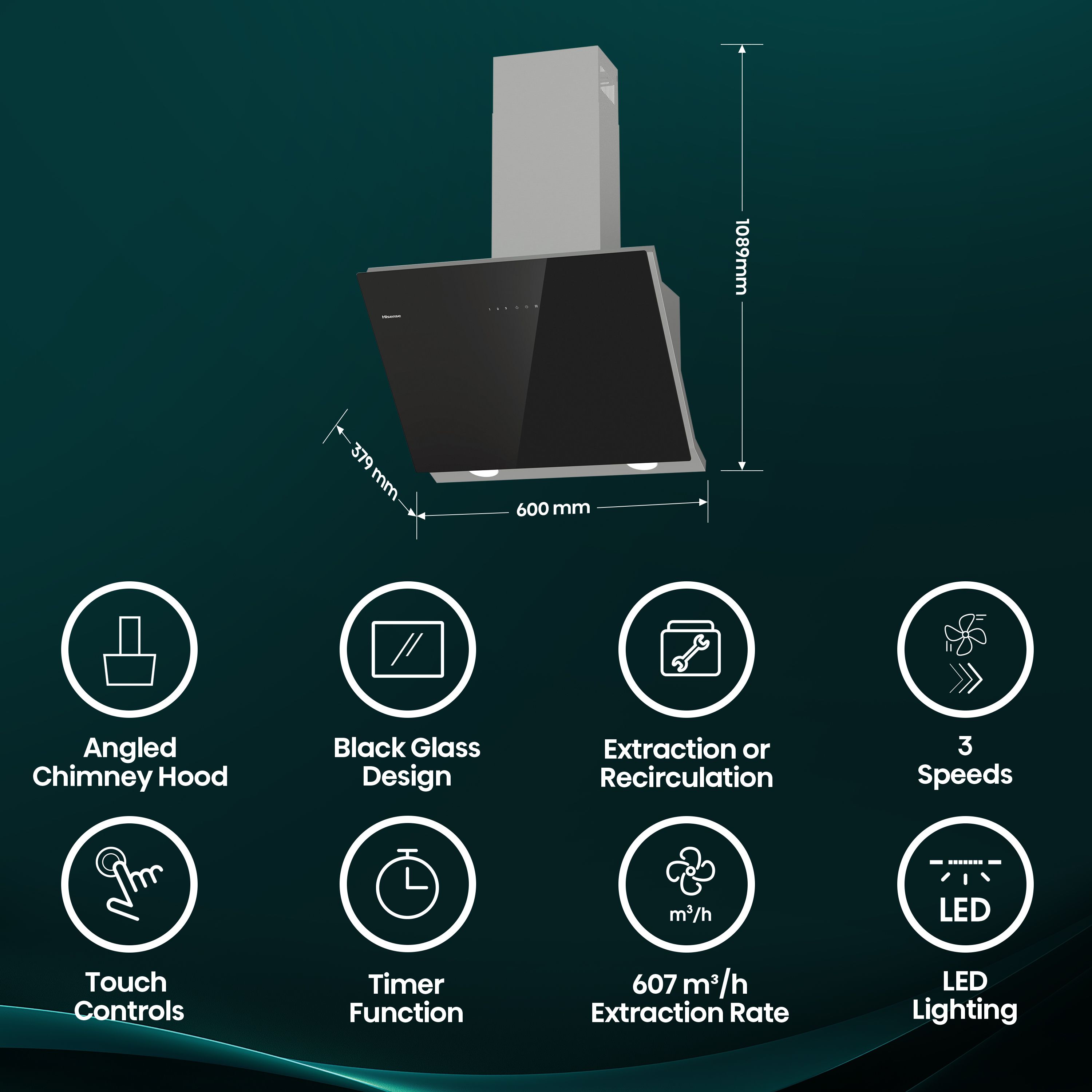 Hisense CH6IN14BXBUK Stainless steel Chimney Cooker hood (W)60cm - Jet black