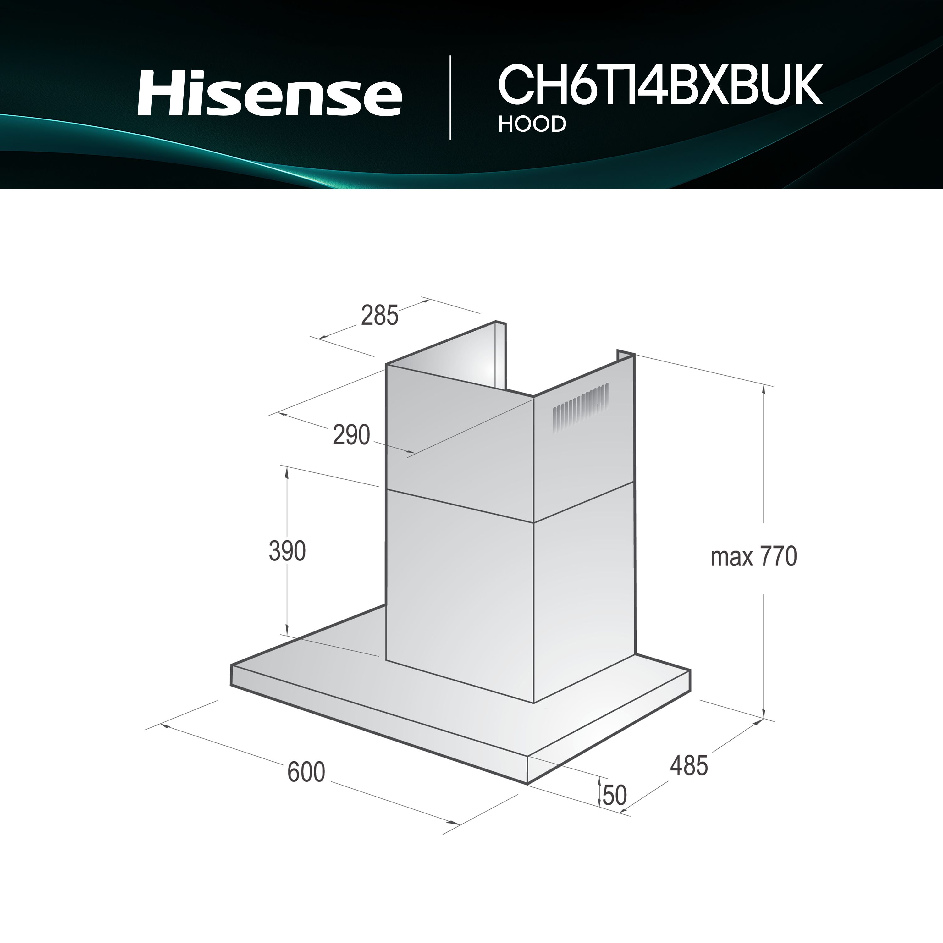 Hisense CH6T14BXBUK Steel Chimney Cooker hood (W)60cm - Stainless steel effect