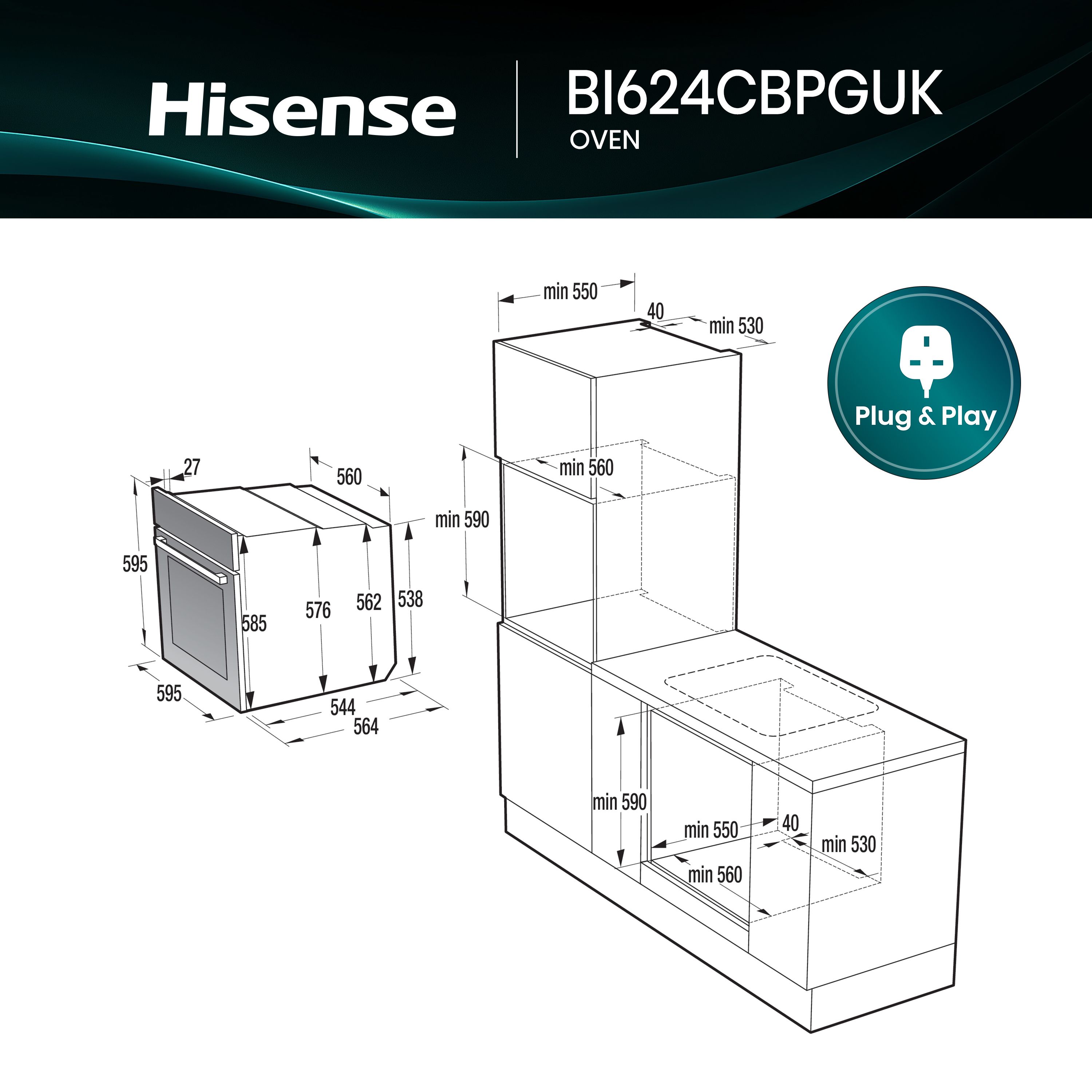 Hisense Hi2 BI624CBPGUK Built-in Single Fan Electric Oven - Black
