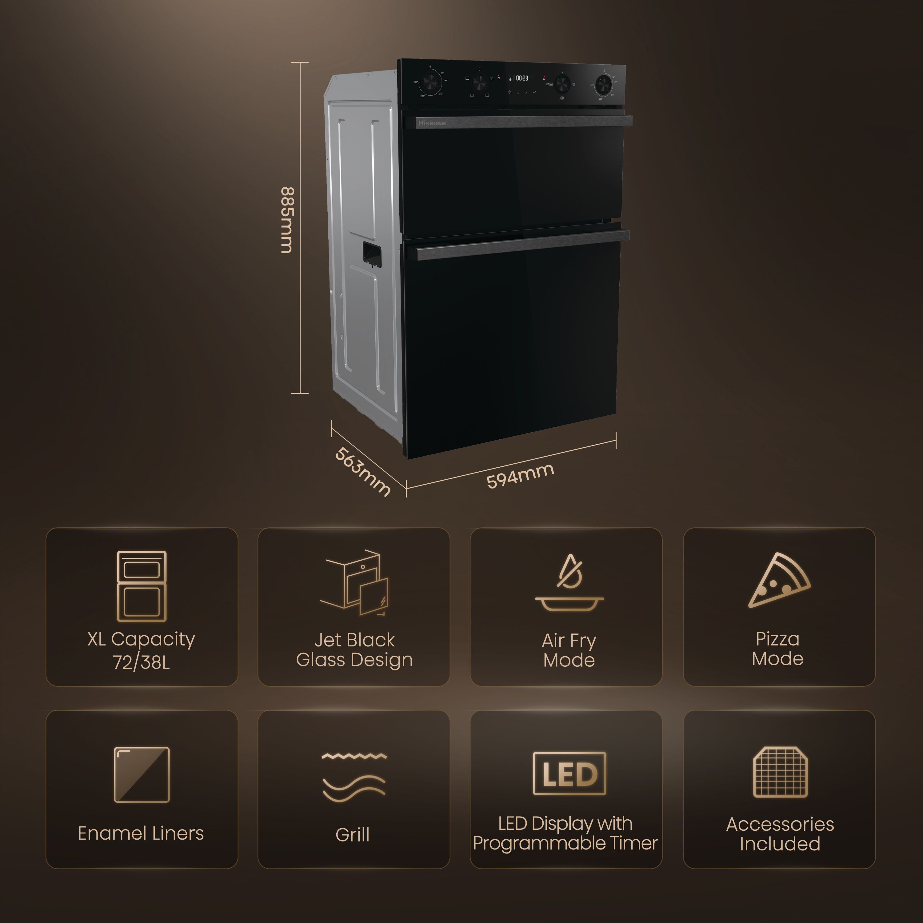Hisense Hi6 BID914221ADBG Built-in Double Multi-function Electric Oven - Mirrored jet black