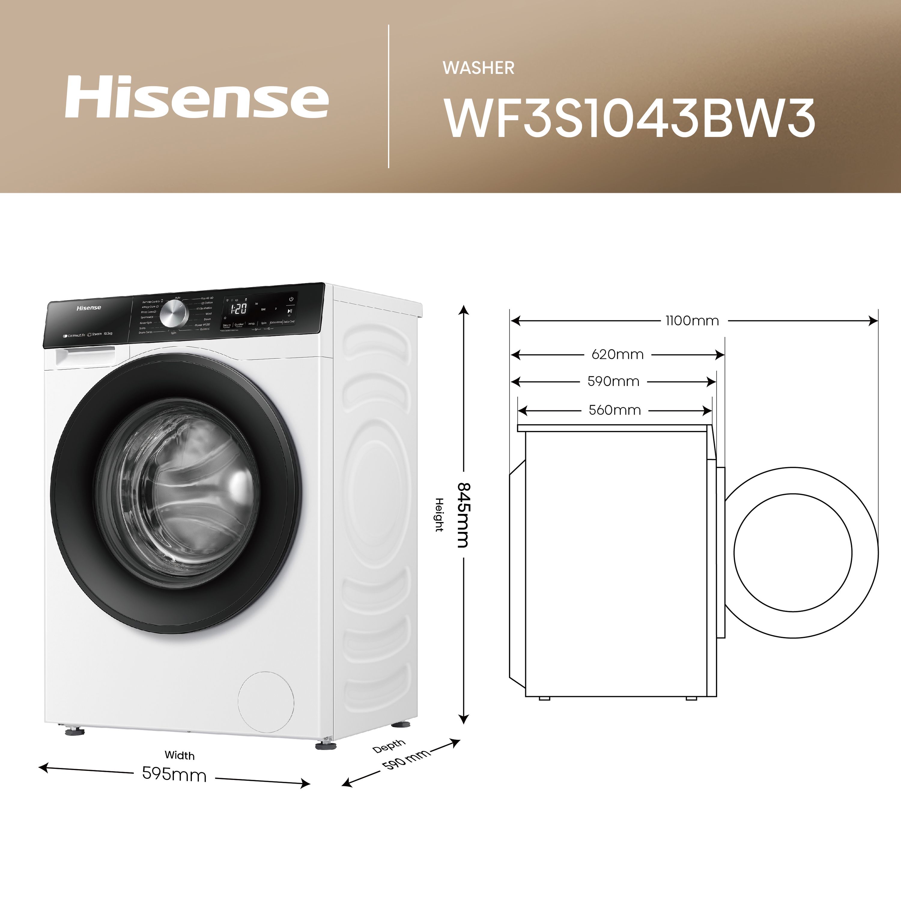 Hisense WF3S1043BW3 10kg Freestanding 1400rpm Washing machine - White