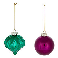 Historical twist Green & pink Mercury effect Glass Hanging decoration set, Pack of 4 (D) 80mm