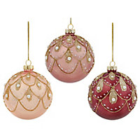 Historical twist Pink, maroon & cream Pearlescent effect Decorated Glass Round Bauble, Pack of 3 (D) 80mm