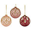 Historical twist Pink, maroon & cream Pearlescent effect Decorated Glass Round Bauble, Pack of 3 (D) 80mm
