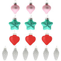 Historical twist Red, pink, turquoise & silver Glass & metal Heart & star Hanging decoration set, Set of 15