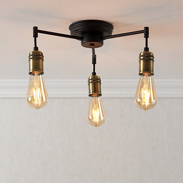 Hixley Matt Black Antique Brass Effect 3 Lamp Ceiling Light Diy At B Q - Antique Style Flush Ceiling Lights
