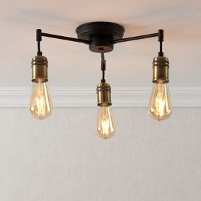 Hixley Matt Steel Black Antique brass effect 3 Lamp LED Ceiling light