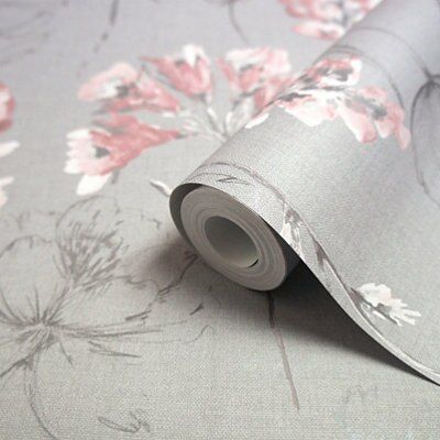 Holden Décor Grey & pink Floral Smooth Wallpaper