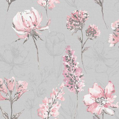 Holden Décor Grey & pink Floral Smooth Wallpaper