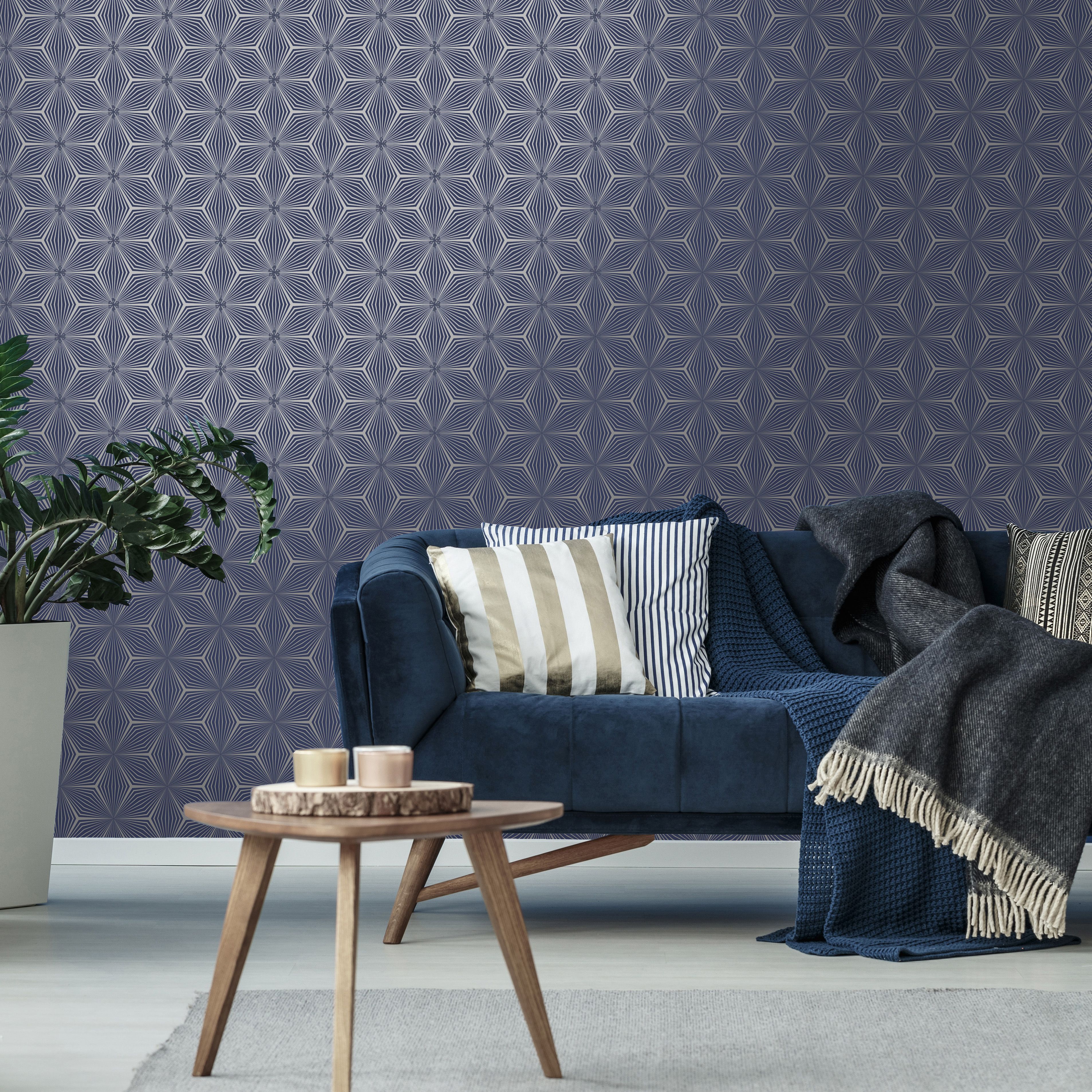 Holden Décor Statement Blue Metallic effect Geometric Smooth Wallpaper Sample