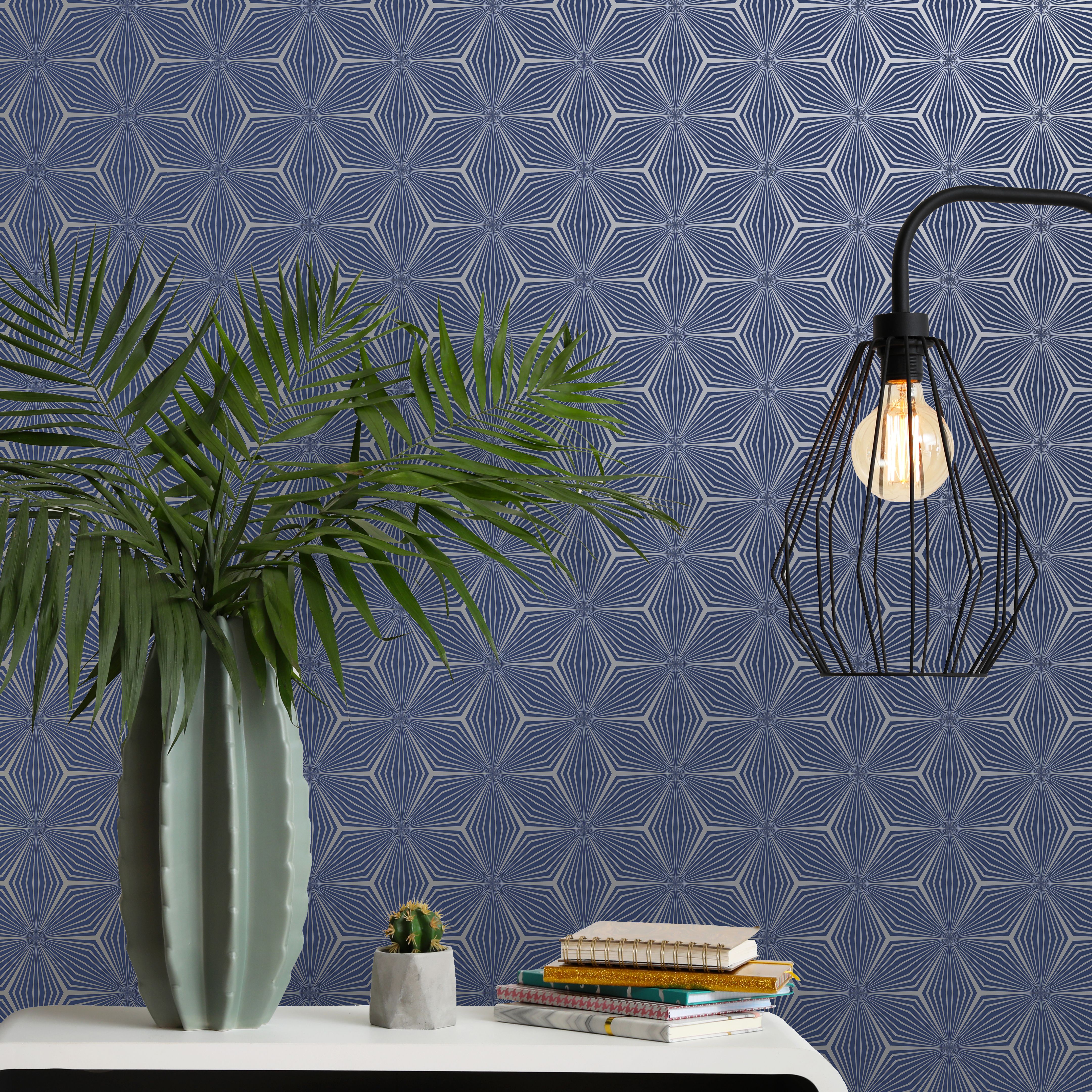 Holden Décor Statement Blue Metallic effect Geometric Smooth Wallpaper Sample