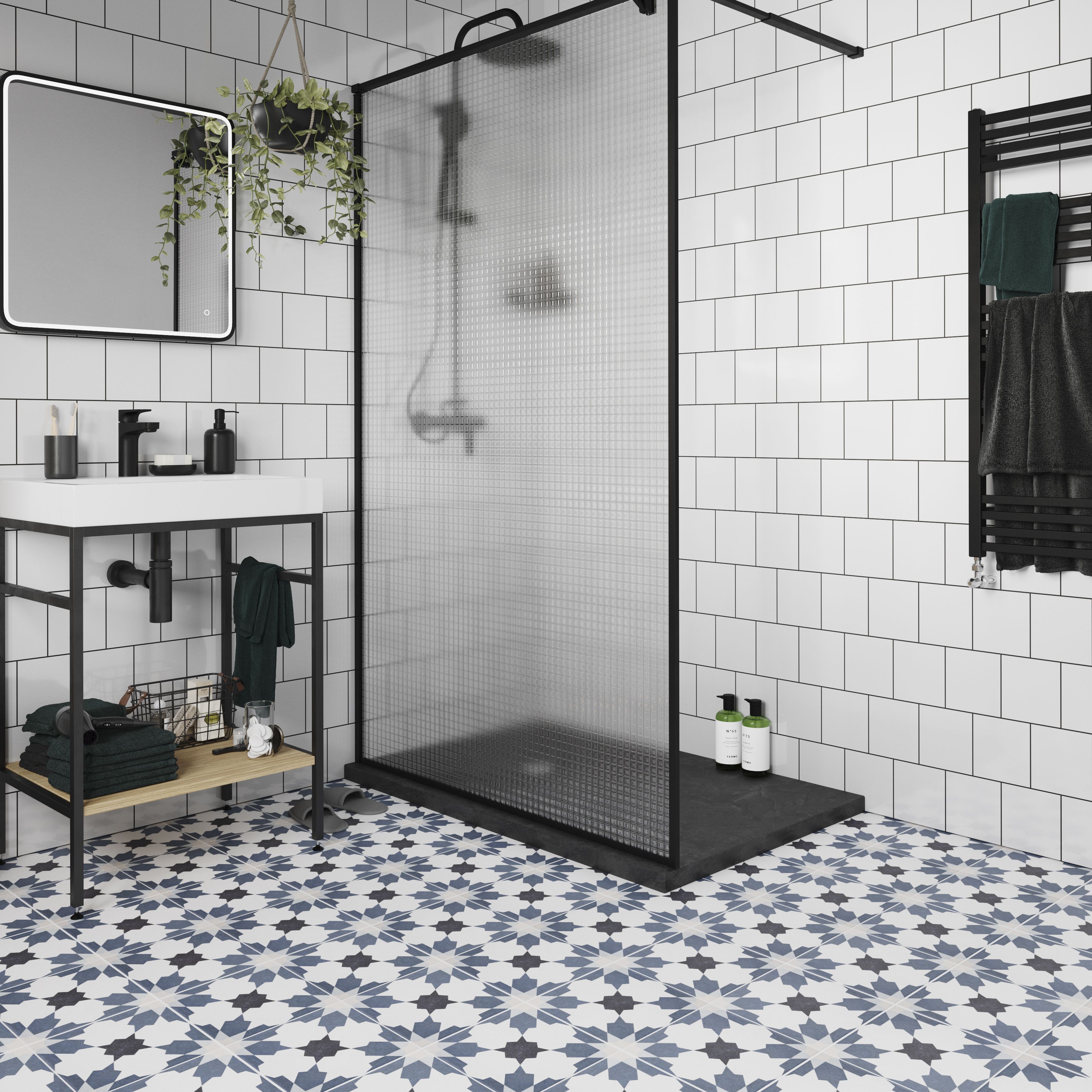 House of Mosaics Bouquet Blue & white Matt Patterned Porcelain Wall & floor Tile Sample
