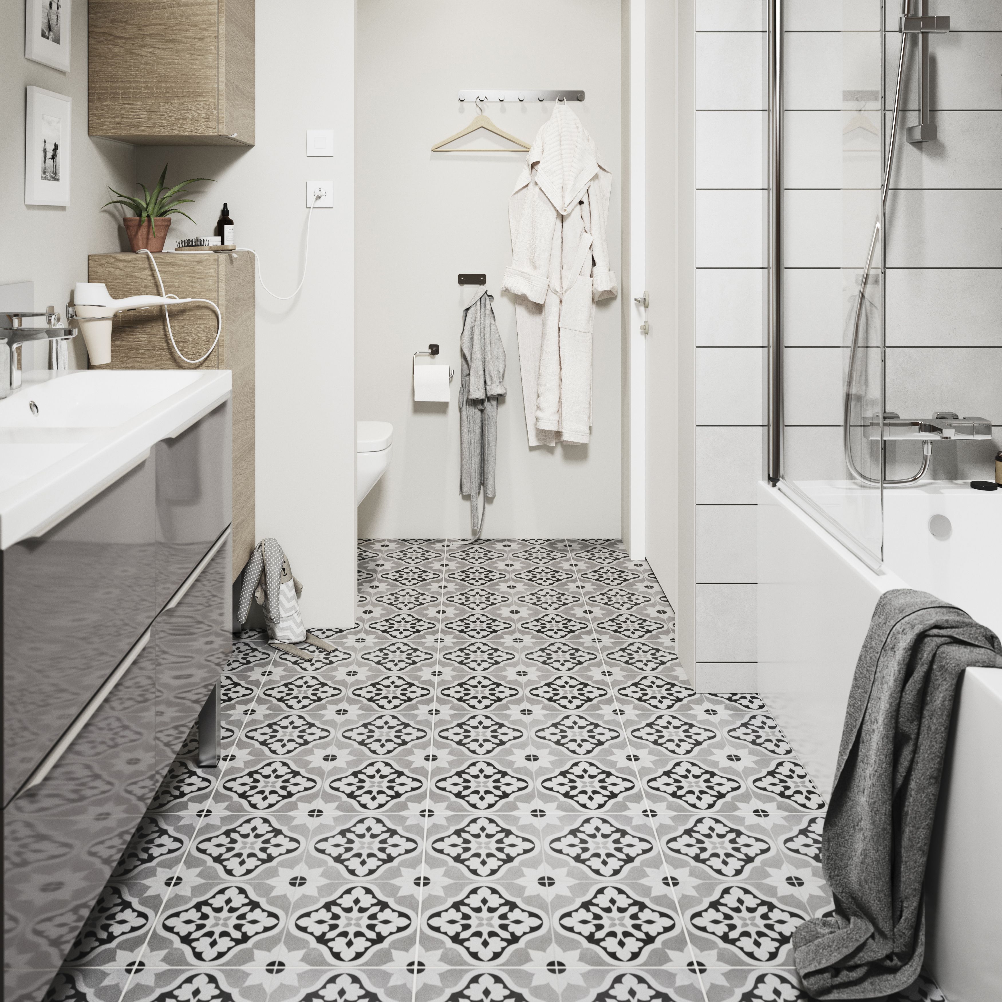 House of Mosaics Dagenham Grey & white Matt Patterned Porcelain Wall & floor Tile Sample - 3