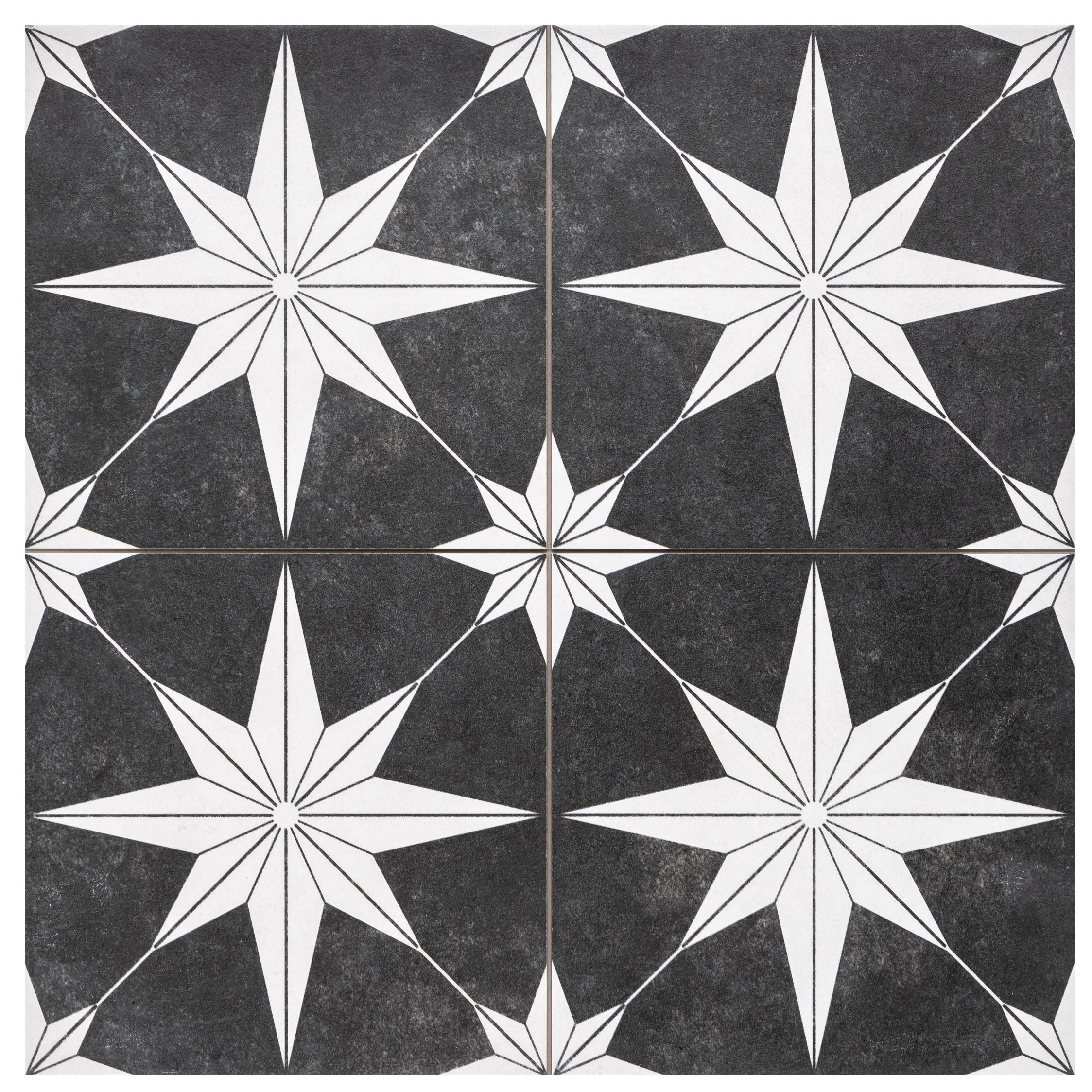 House of Mosaics Etoile Black & white Matt Patterned Distressed effect Porcelain Indoor & outdoor Wall & floor Tile, Pack of 7, (L)450mm (W)450mm