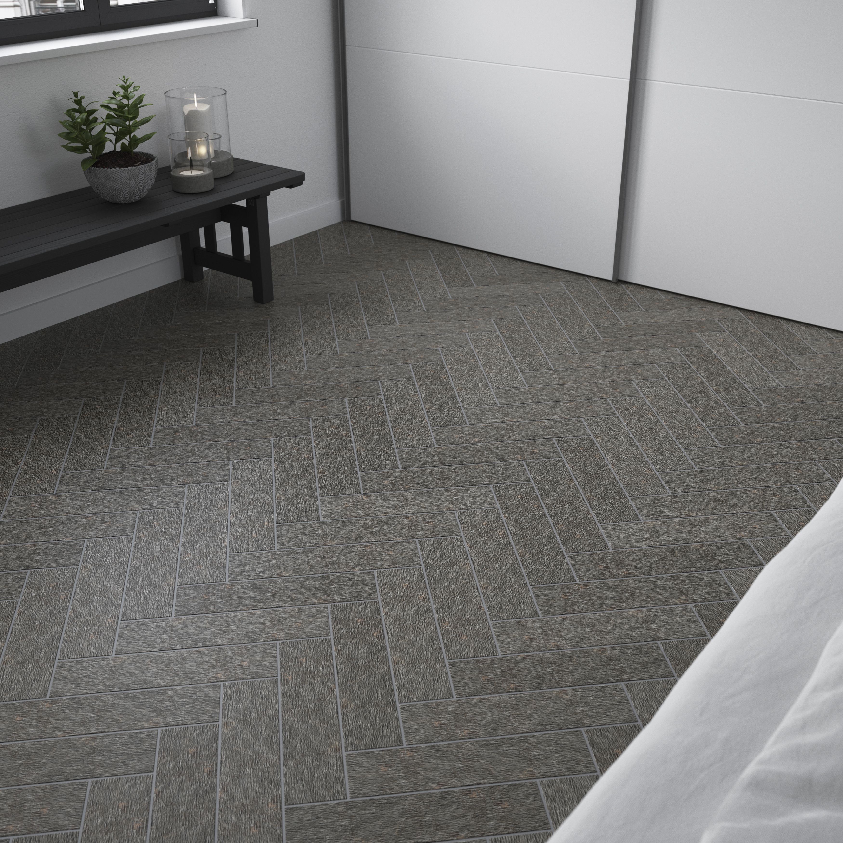 House of Mosaics Herringbone Grey Matt Oak effect Textured Porcelain Indoor Wall & floor Tile Sample
