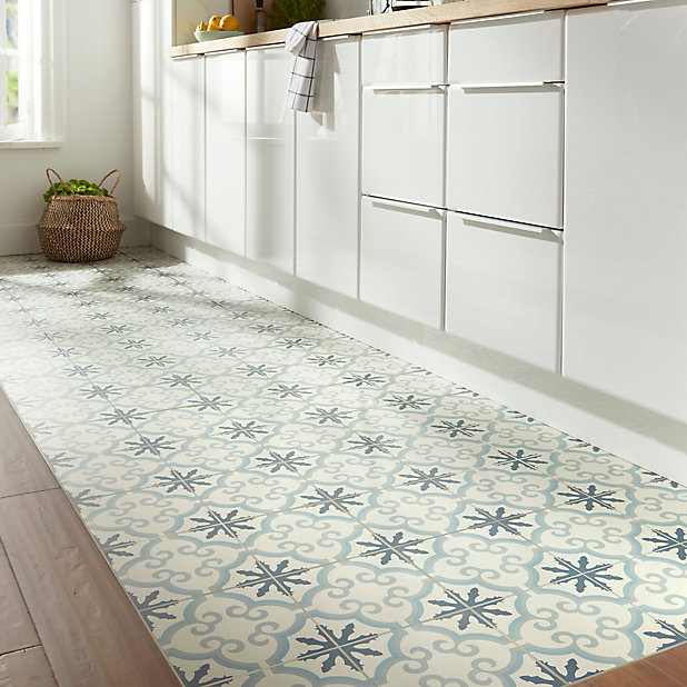 Hydrolic Blue Matt Flower Concrete, Blue Floor Tile Kitchen