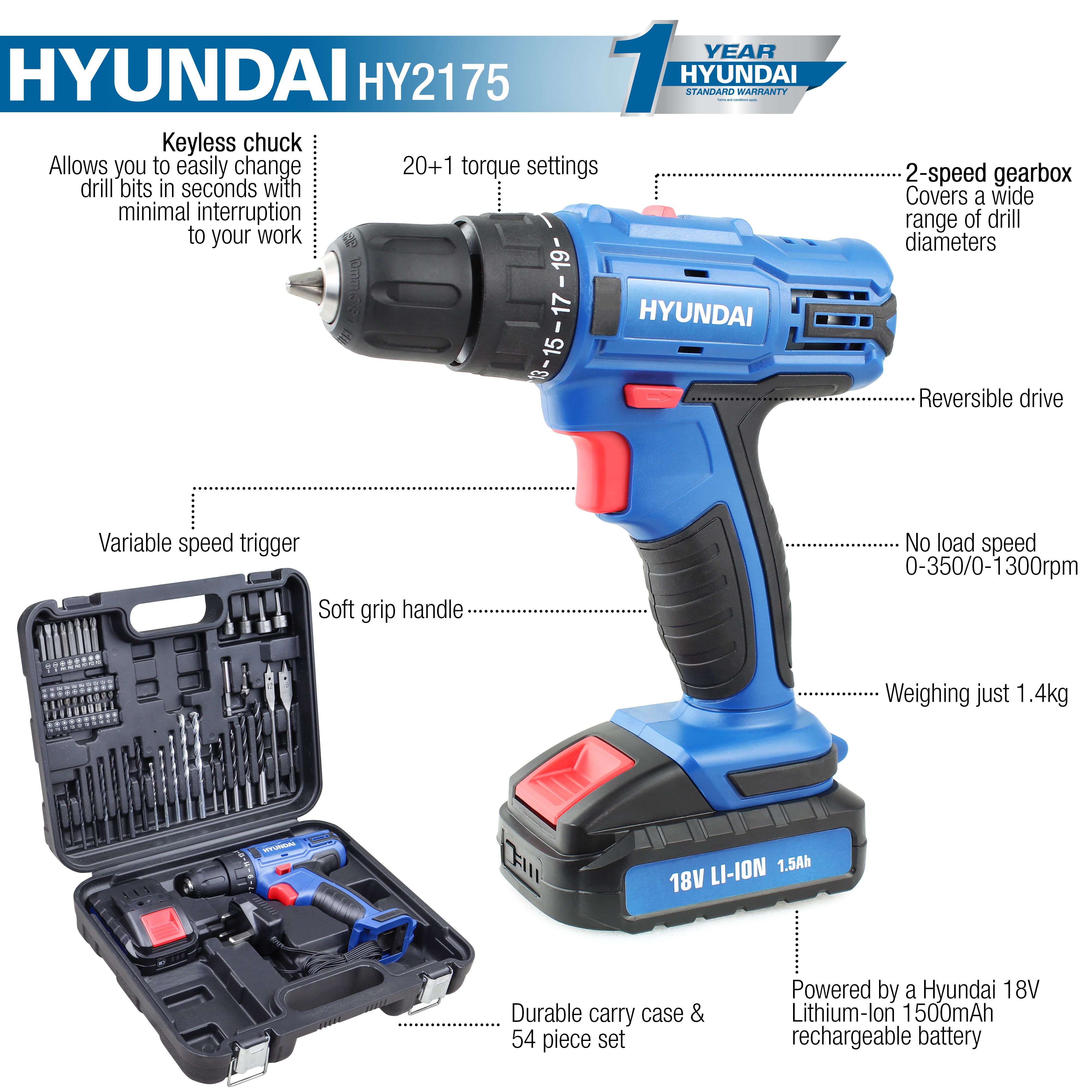 Hyundai 18V Li-ion Cordless Drill driver (1 x 1.5Ah) - HY2175
