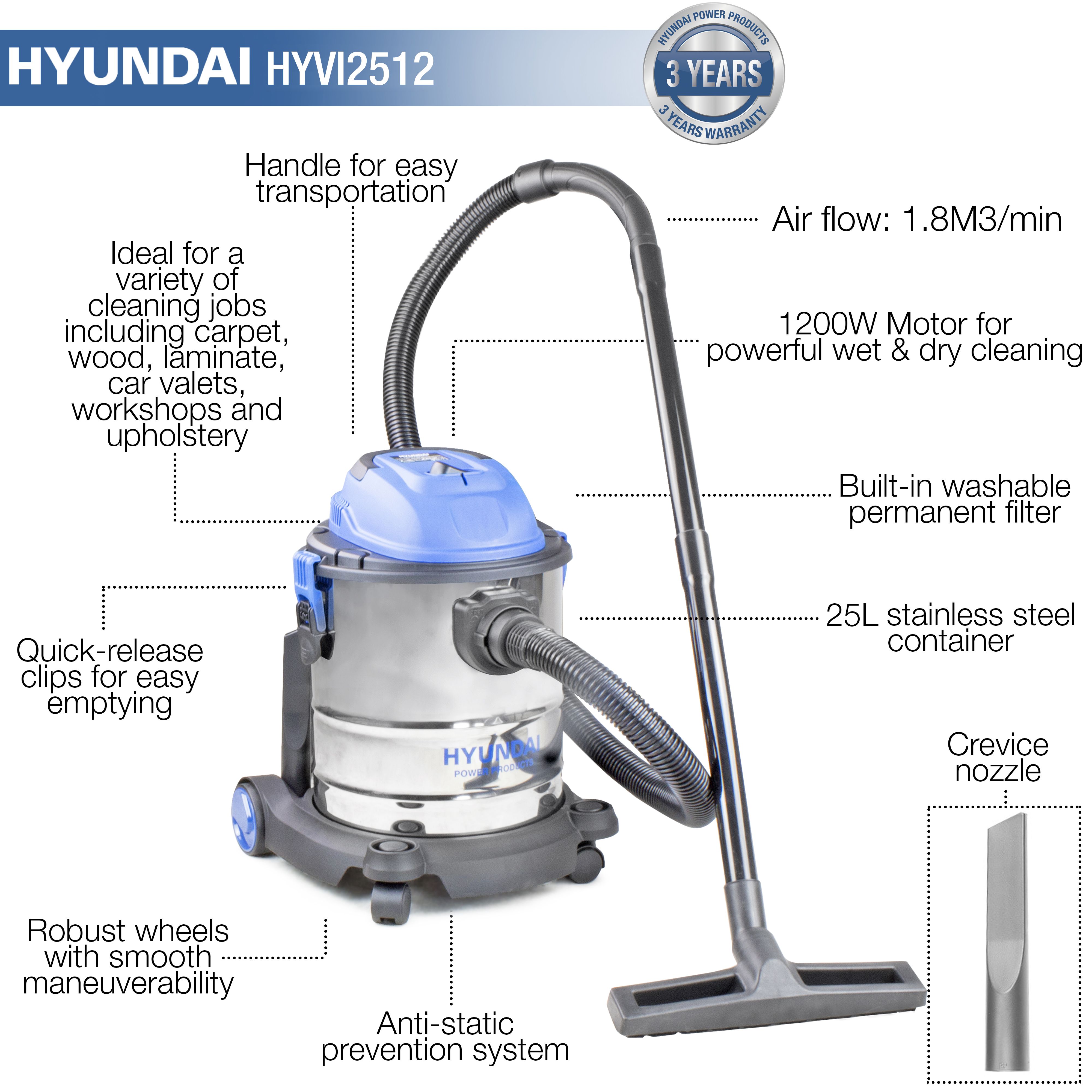 Hyundai HYVI2512 Corded Wet & dry vacuum, 25L