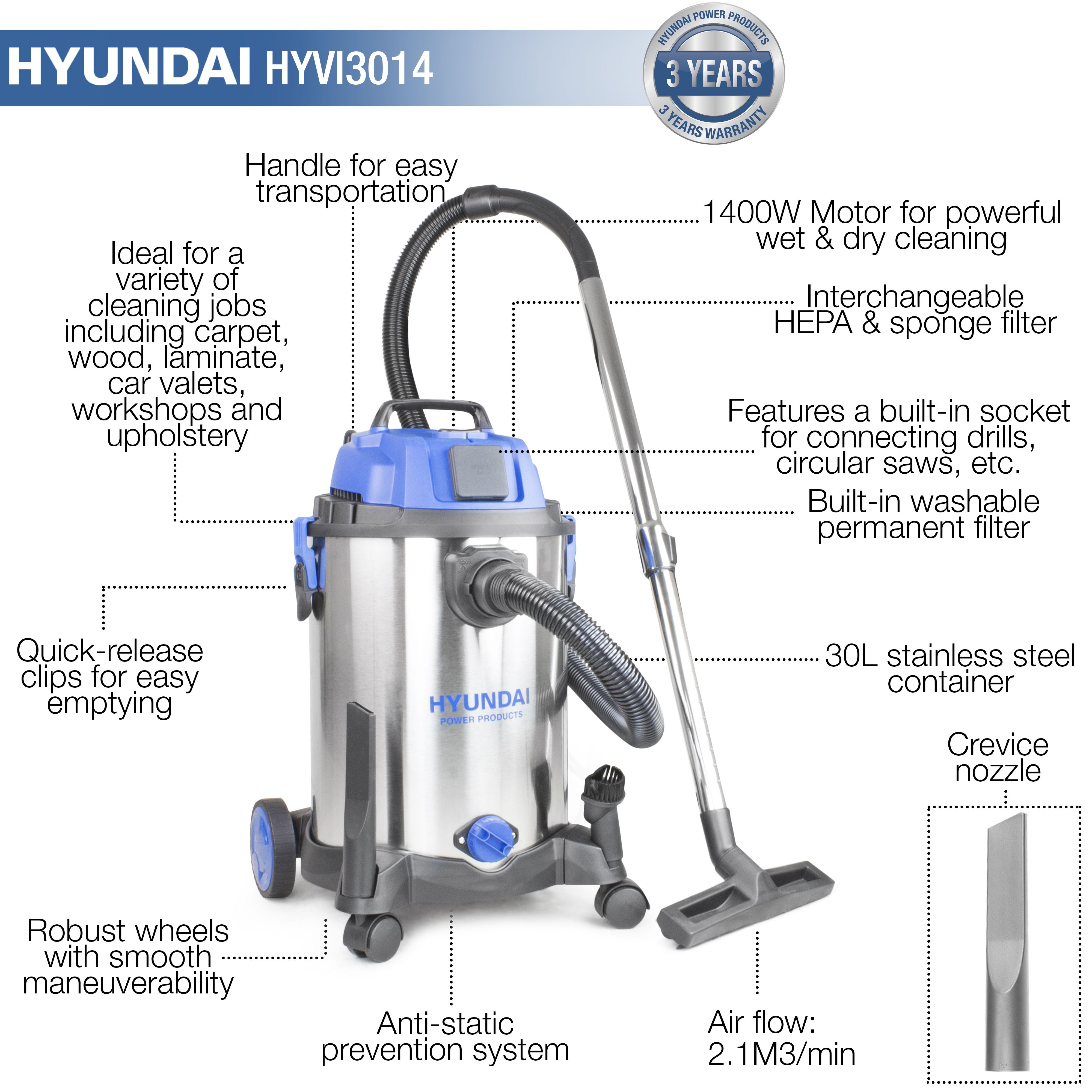 Hyundai HYVI3014 Corded Wet & dry vacuum, 30L