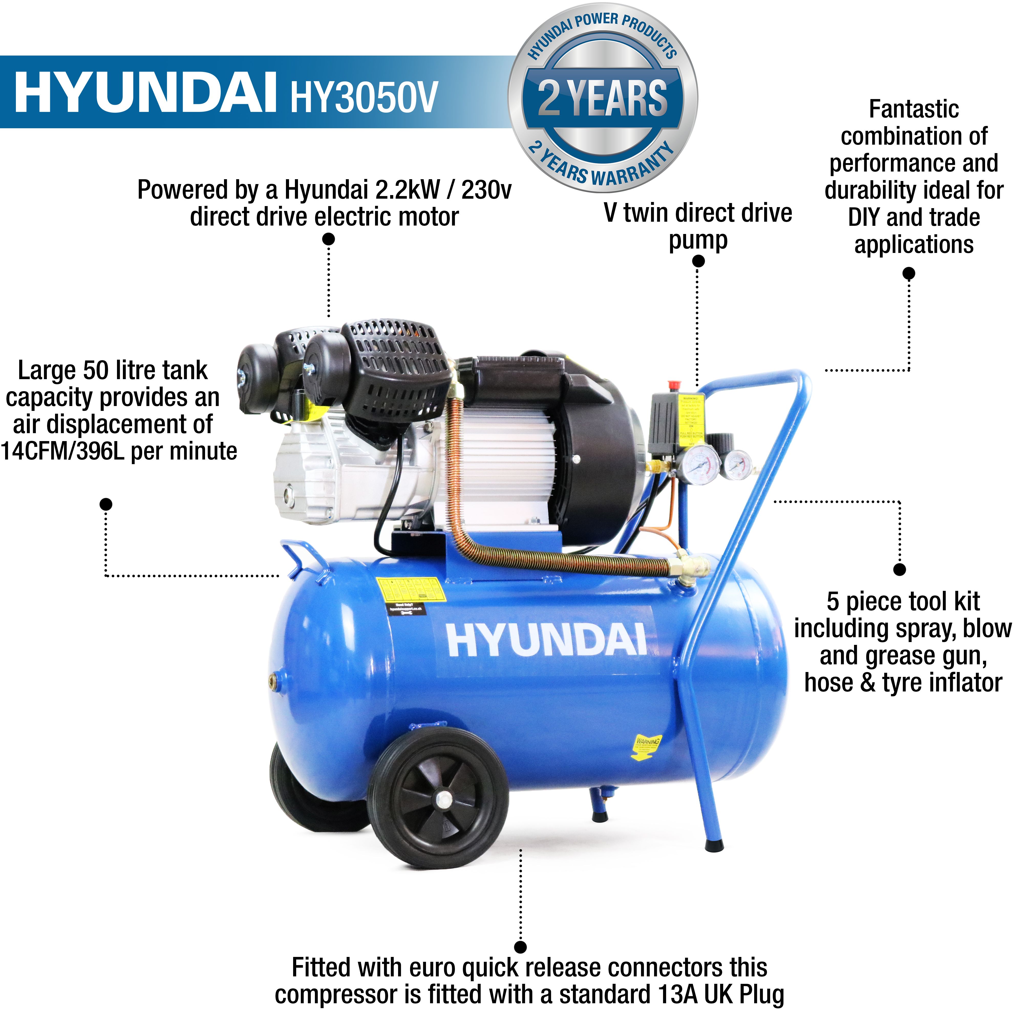 Hyundai oil lubricating 230V 50L Corded Compressor HY3050V
