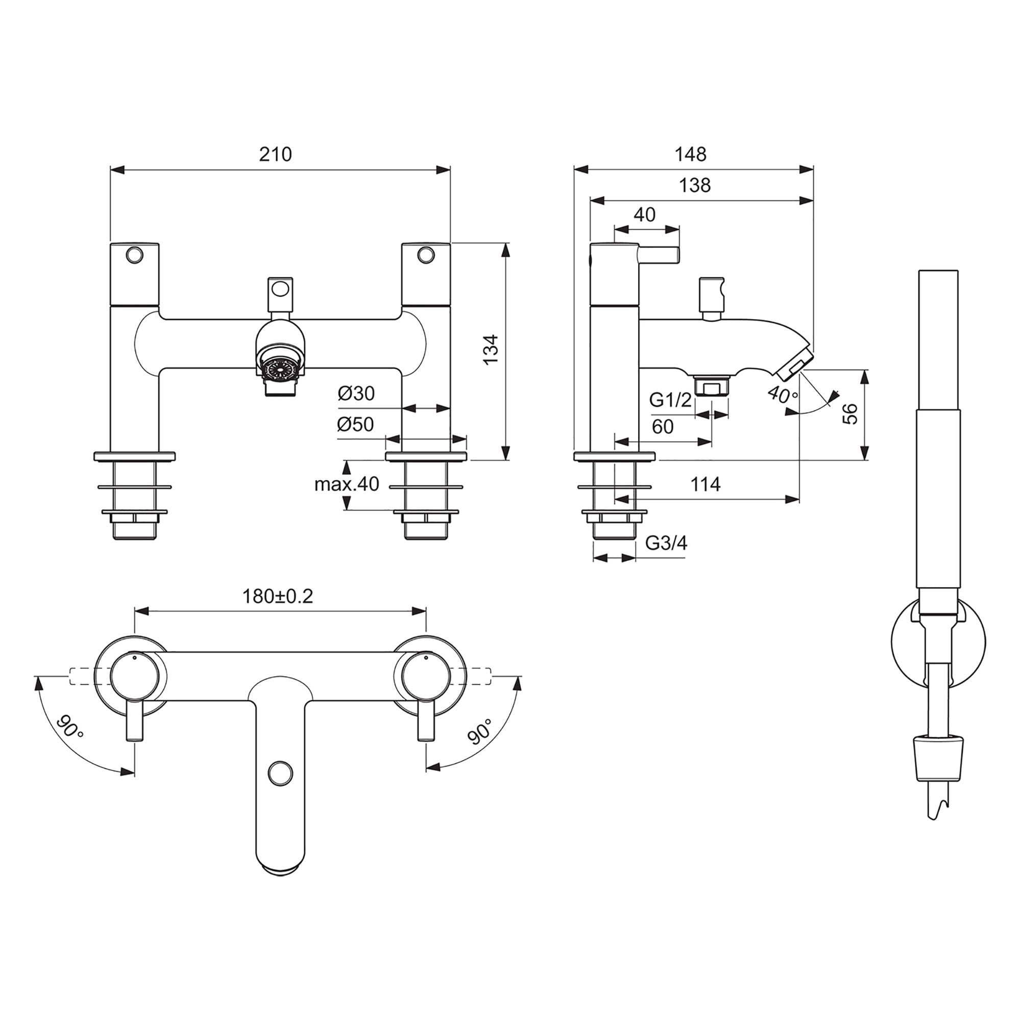 Ideal Standard Ceraline Chrome effect Surface-mounted 2 Tap Hole Shower mixer Tap
