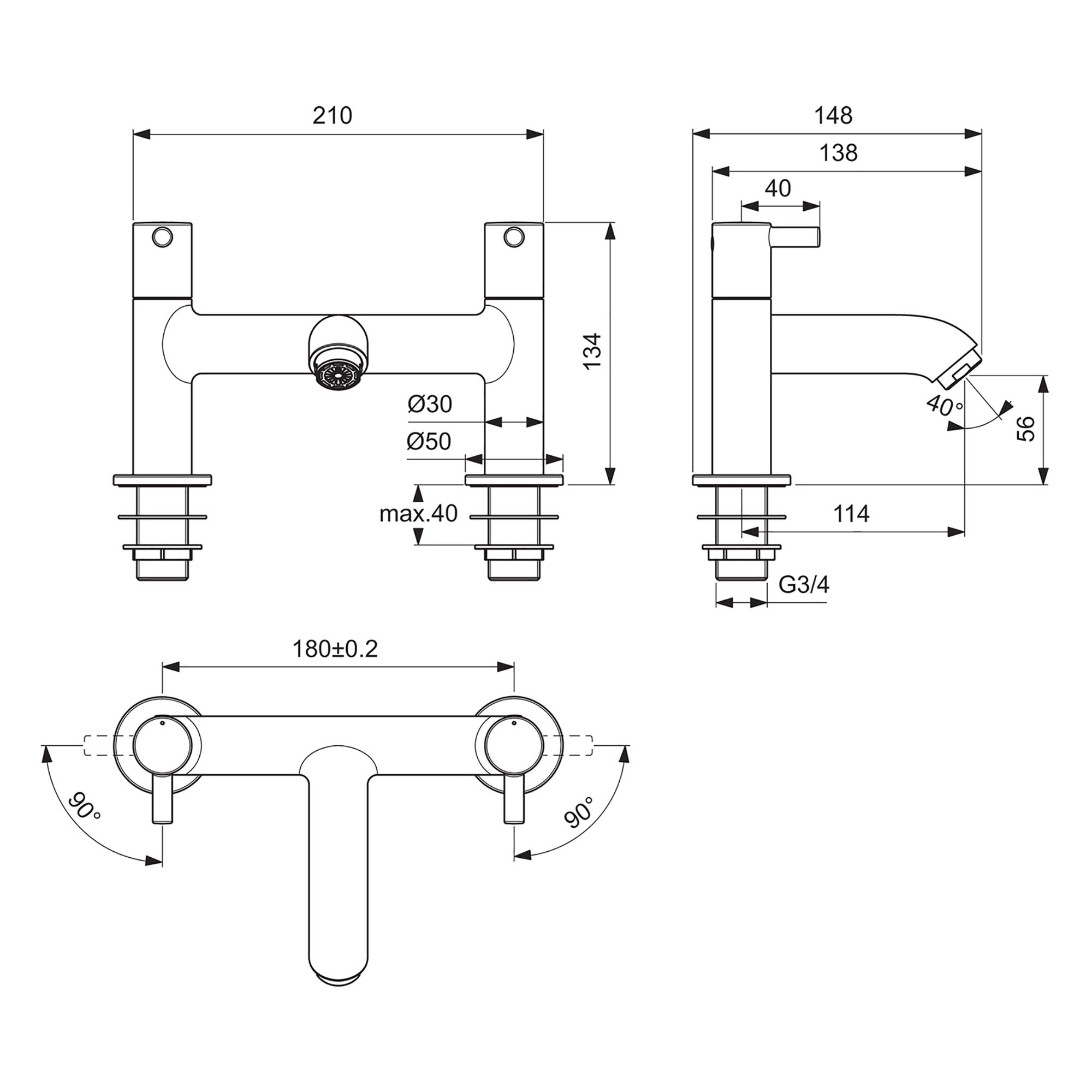 Ideal Standard Ceraline Gloss Chrome effect Surface-mounted Manual Double Bath Filler Tap - 7