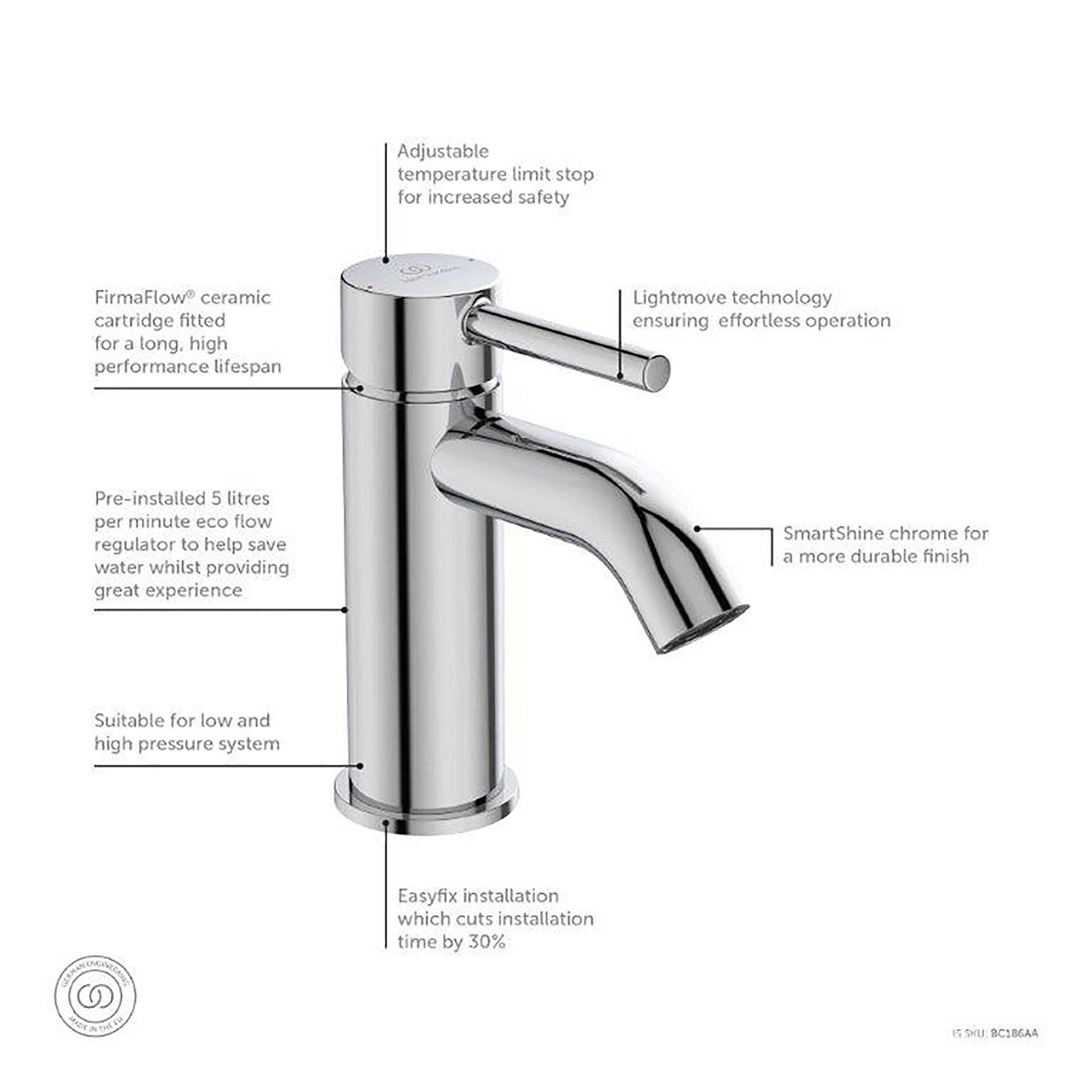 Ideal Standard Ceraline Standard Chrome effect Round Basin Mixer Tap