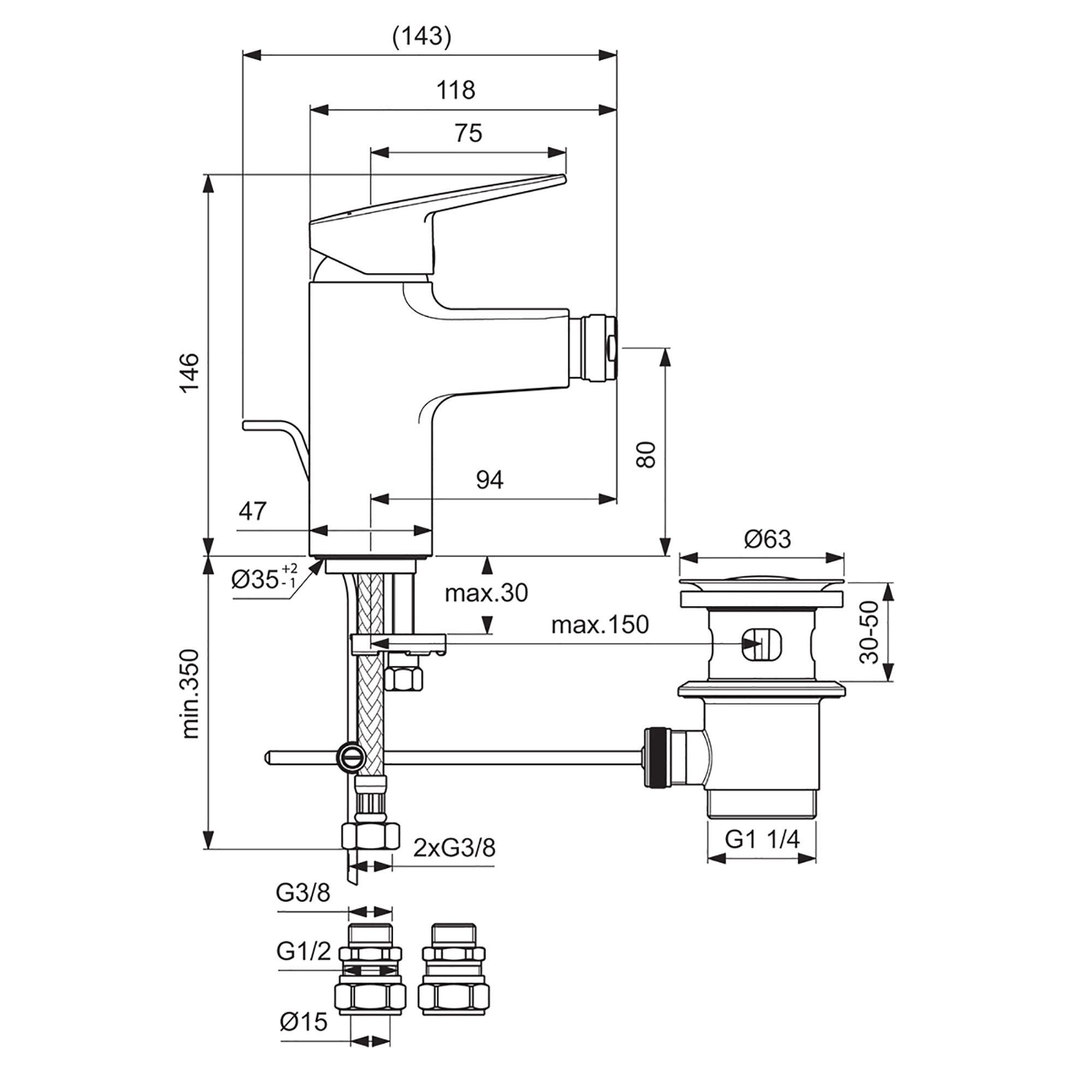 Ideal Standard Ceraplan Standard Chrome effect Square Manual Bidet Mono mixer Tap - 9