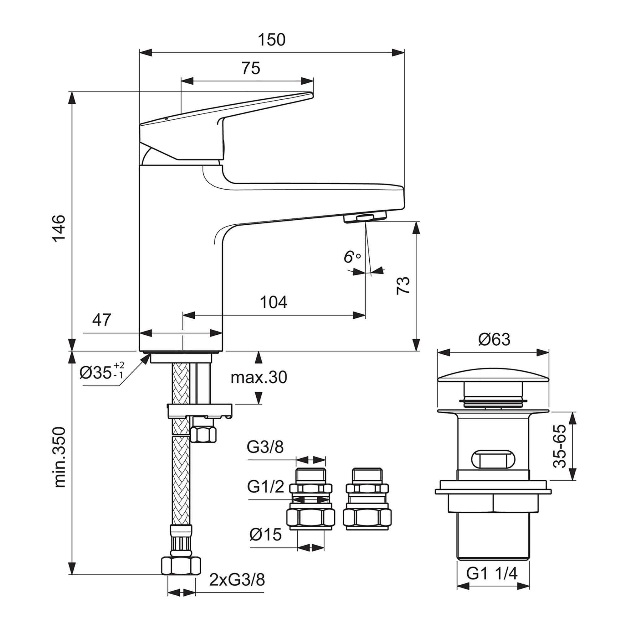 Ideal Standard Ceraplan Standard Gloss Chrome effect Square Manual Basin Mono mixer Tap - 7