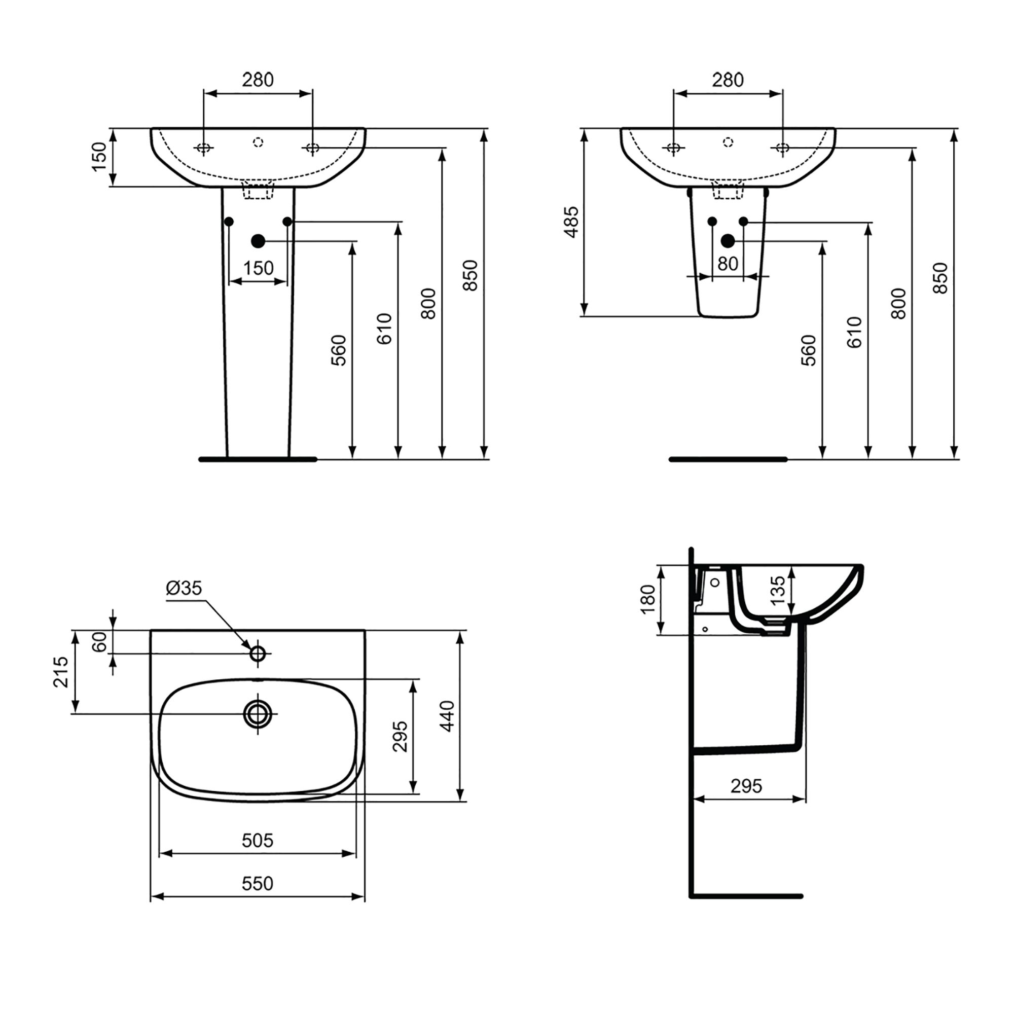 Ideal Standard i.life A Gloss White Rectangular Floor-mounted Full pedestal 1 tap hole Basin (H)85cm (W)55cm