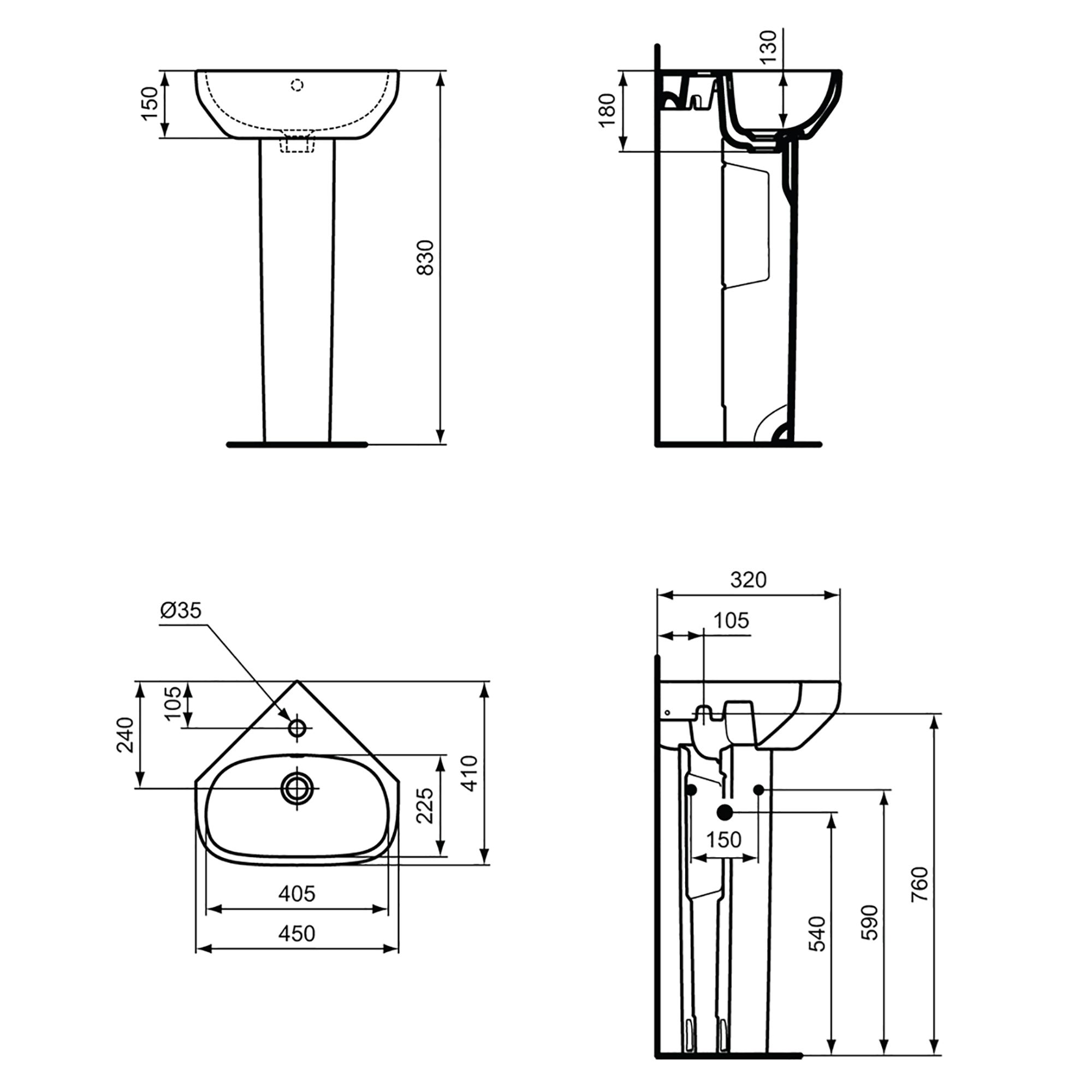 Ideal Standard i.life A Gloss White Rectangular Wall-mounted Corner cloakroom Basin (W)45cm - 5